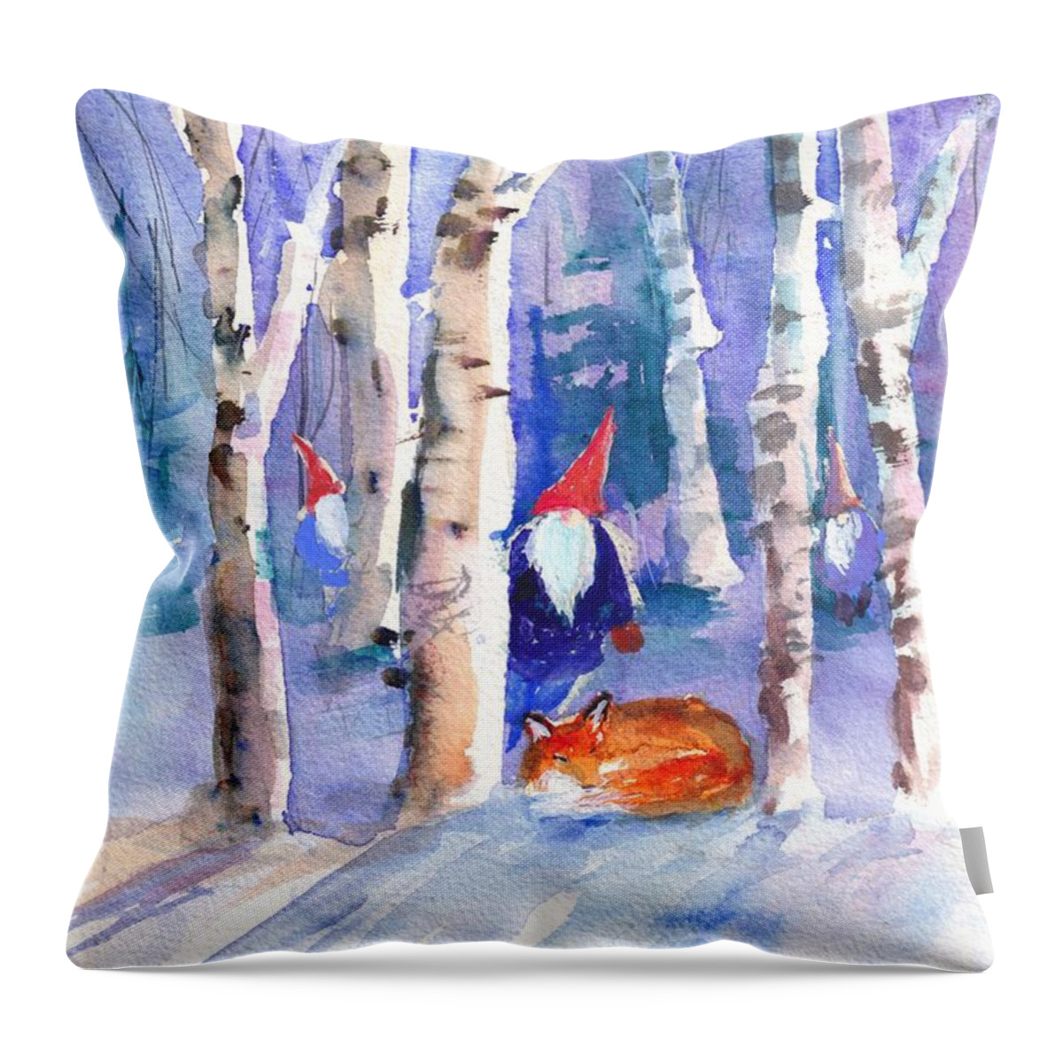 Gnomes Throw Pillow featuring the painting Gnomes and Fox by Christy Lemp
