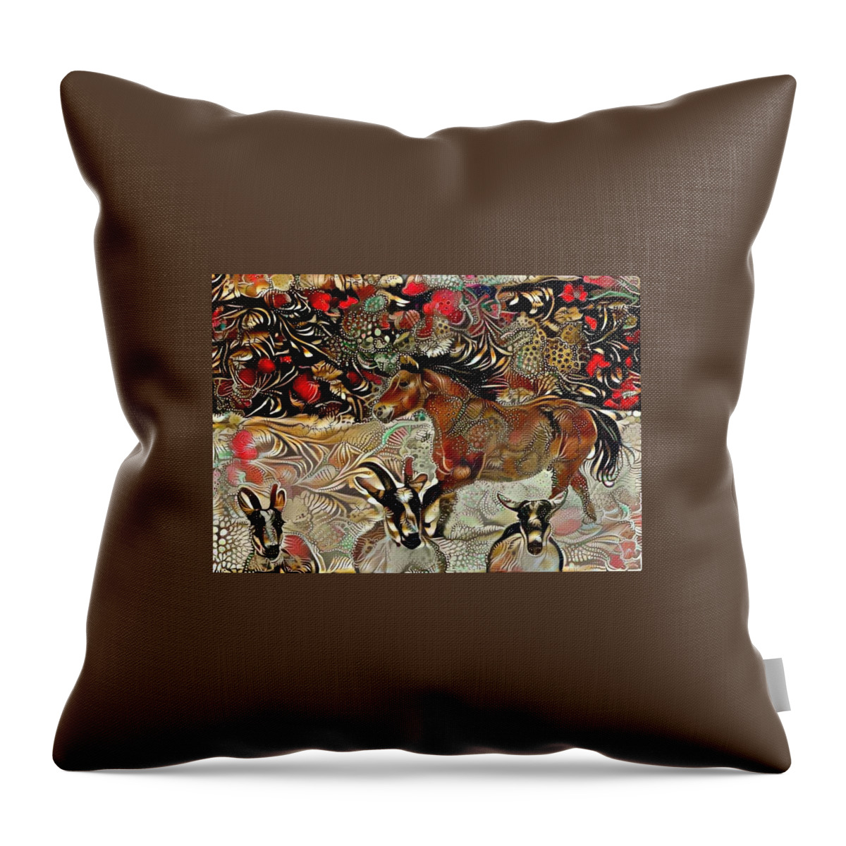 Brown Horse Throw Pillow featuring the digital art Goat Theatre - Digital 2 by Listen To Your Horse