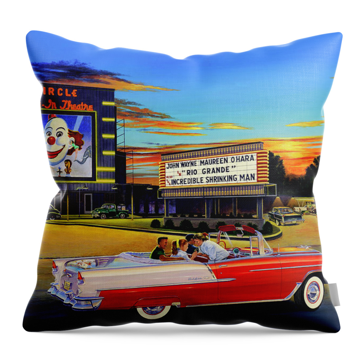 Circle Drive-in Theatre Throw Pillow featuring the painting Goin' Steady - The Circle Drive-In Theatre by Randy Welborn