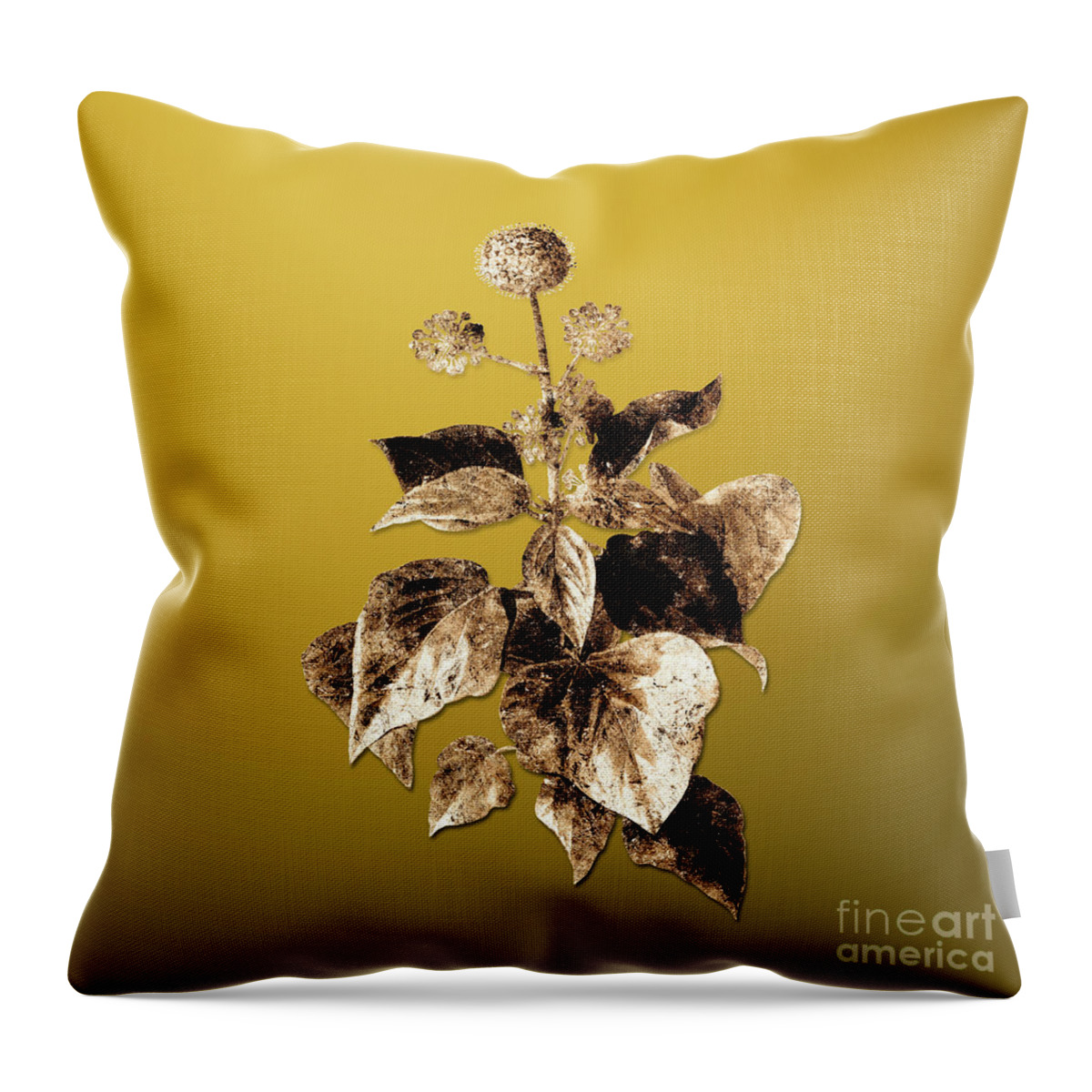 Gold Throw Pillow featuring the painting Gold Common Ivy on Mango Yellow n.04143 by Holy Rock Design