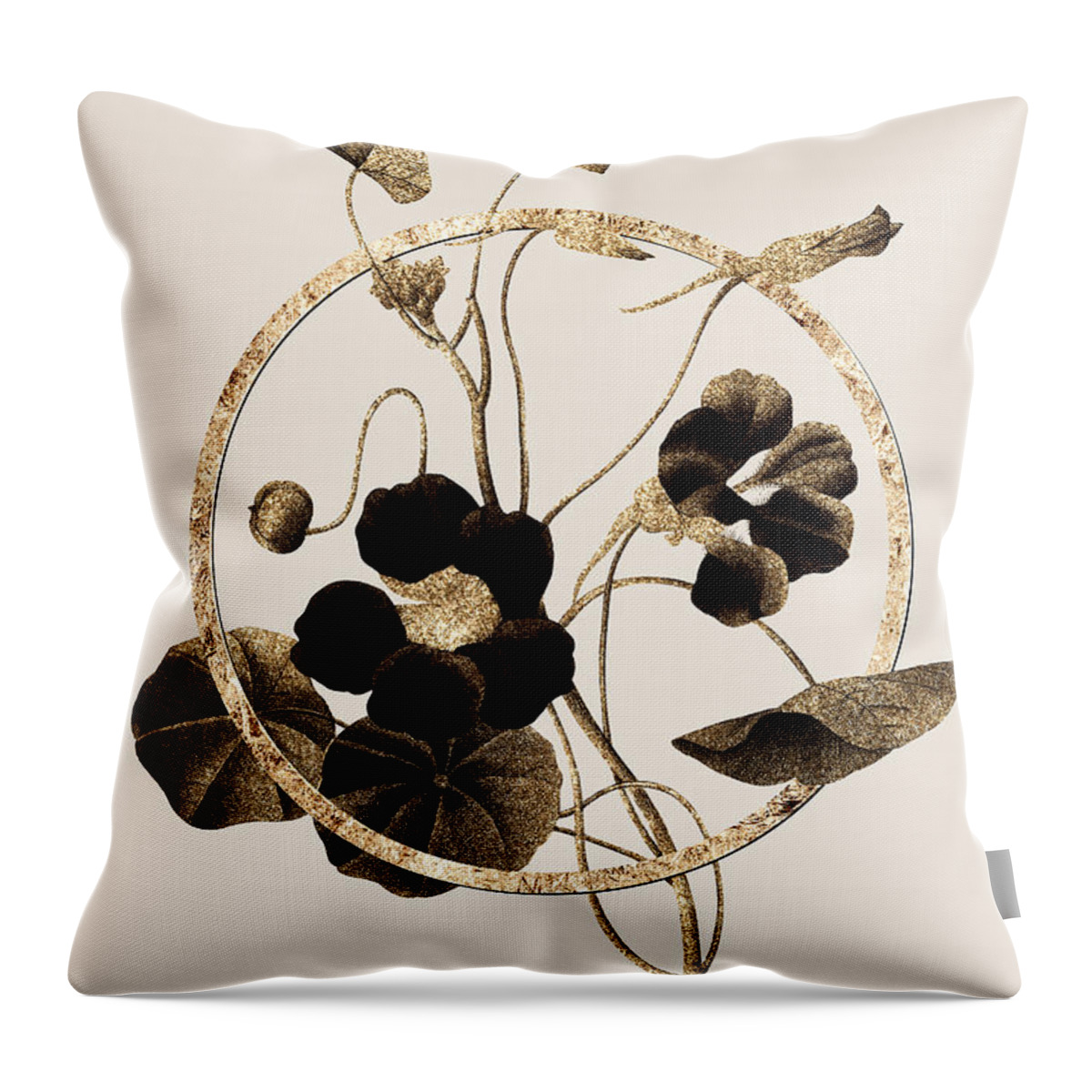 Vintage Throw Pillow featuring the painting Gold Ring Monks Cress Botanical Illustration Black and Gold n.0390 by Holy Rock Design
