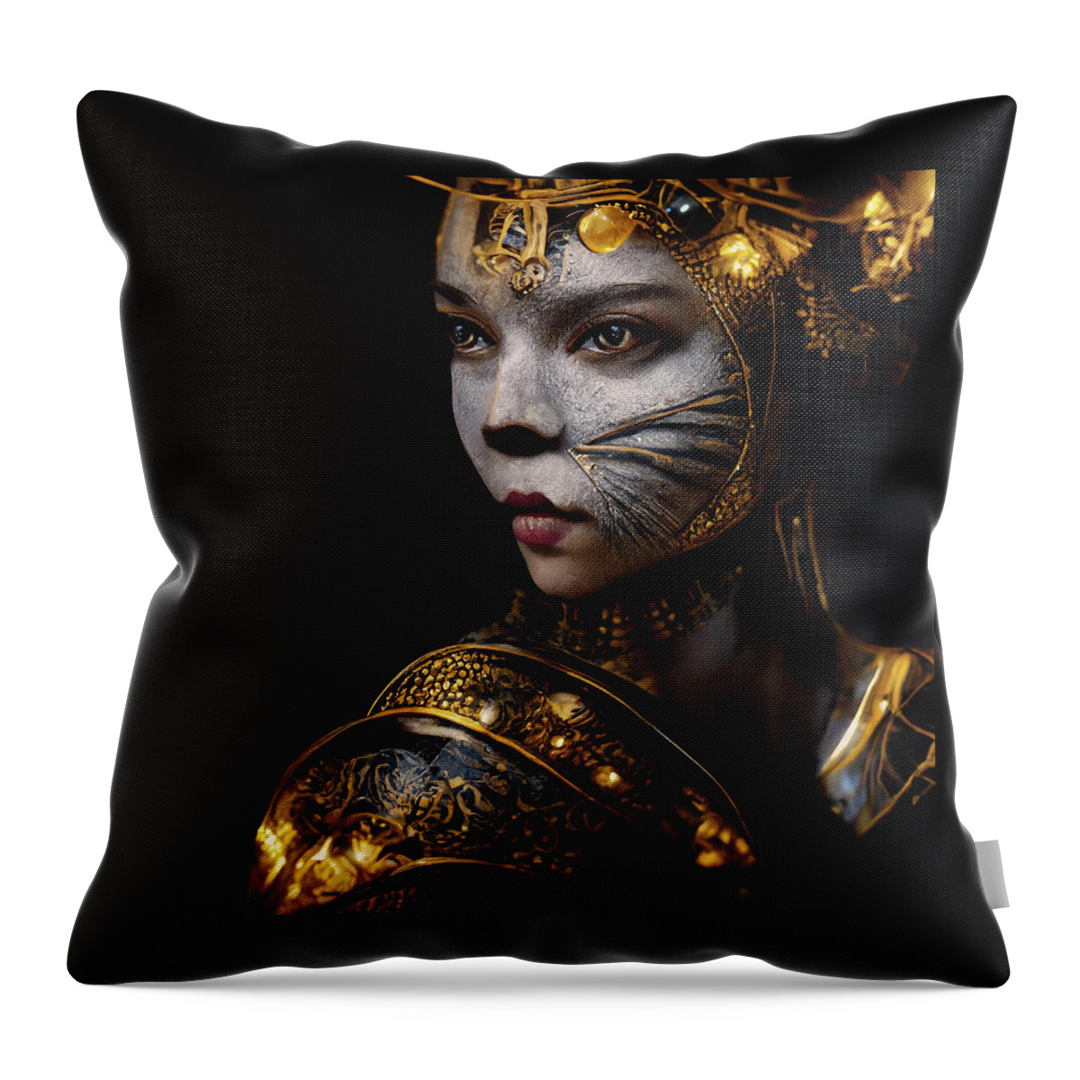 Women Warriors Throw Pillow featuring the digital art Golda the Exotic Cat Warrior Queen by Peggy Collins