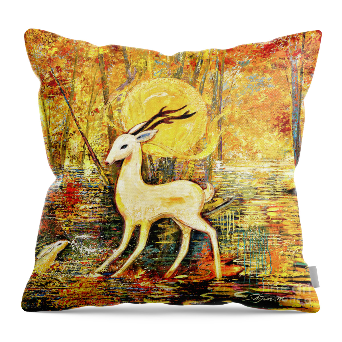 Deer Throw Pillow featuring the painting Golden Autumn by Shijun Munns