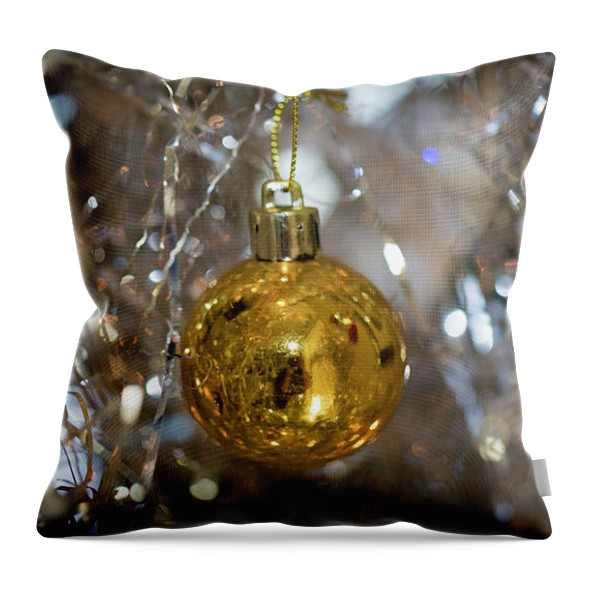 Ornament Throw Pillow featuring the photograph Golden Ball on a Silver Tree by Lora J Wilson