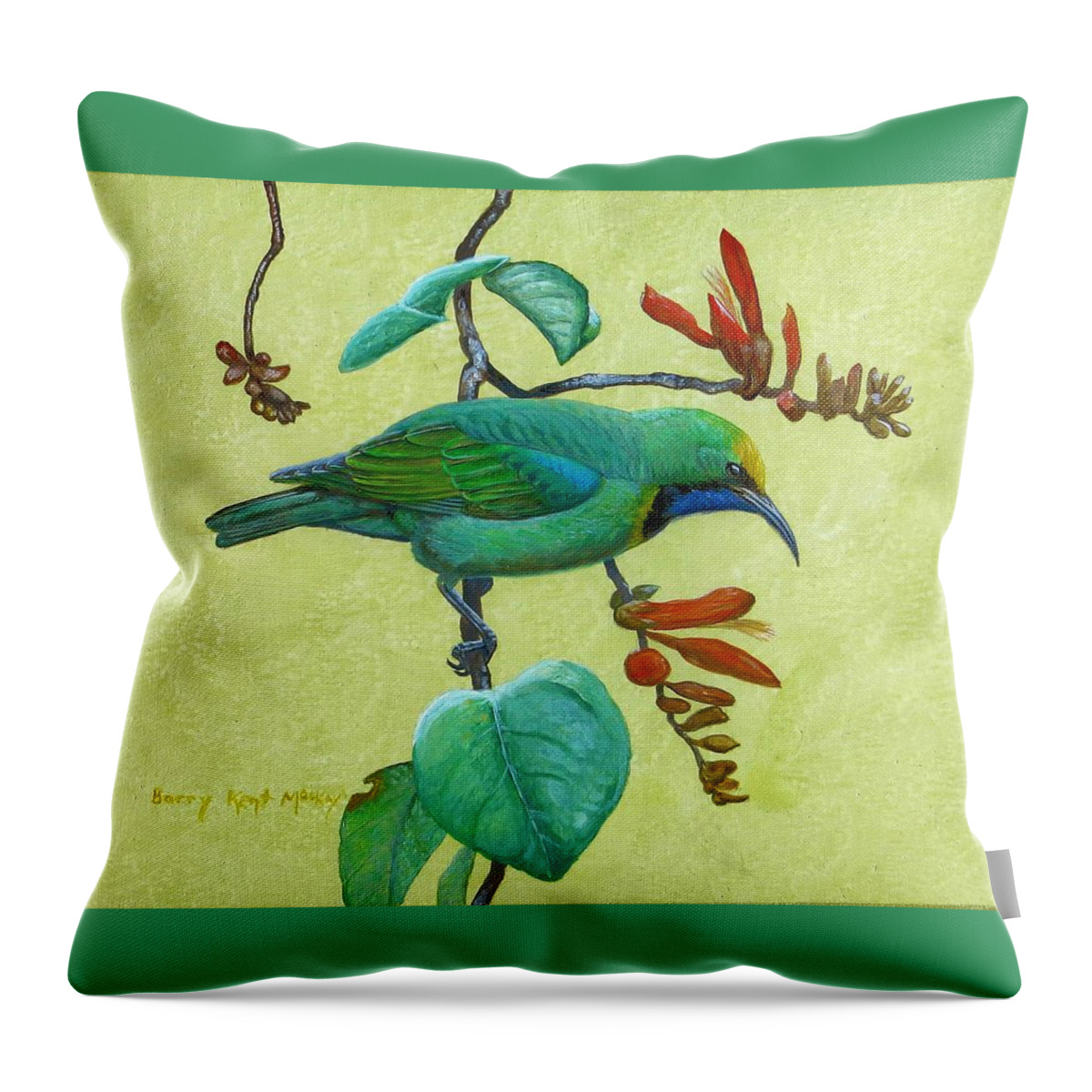 Golden-fronted Leafbird Throw Pillow featuring the painting Golden-fronted Leafbird by Barry Kent MacKay