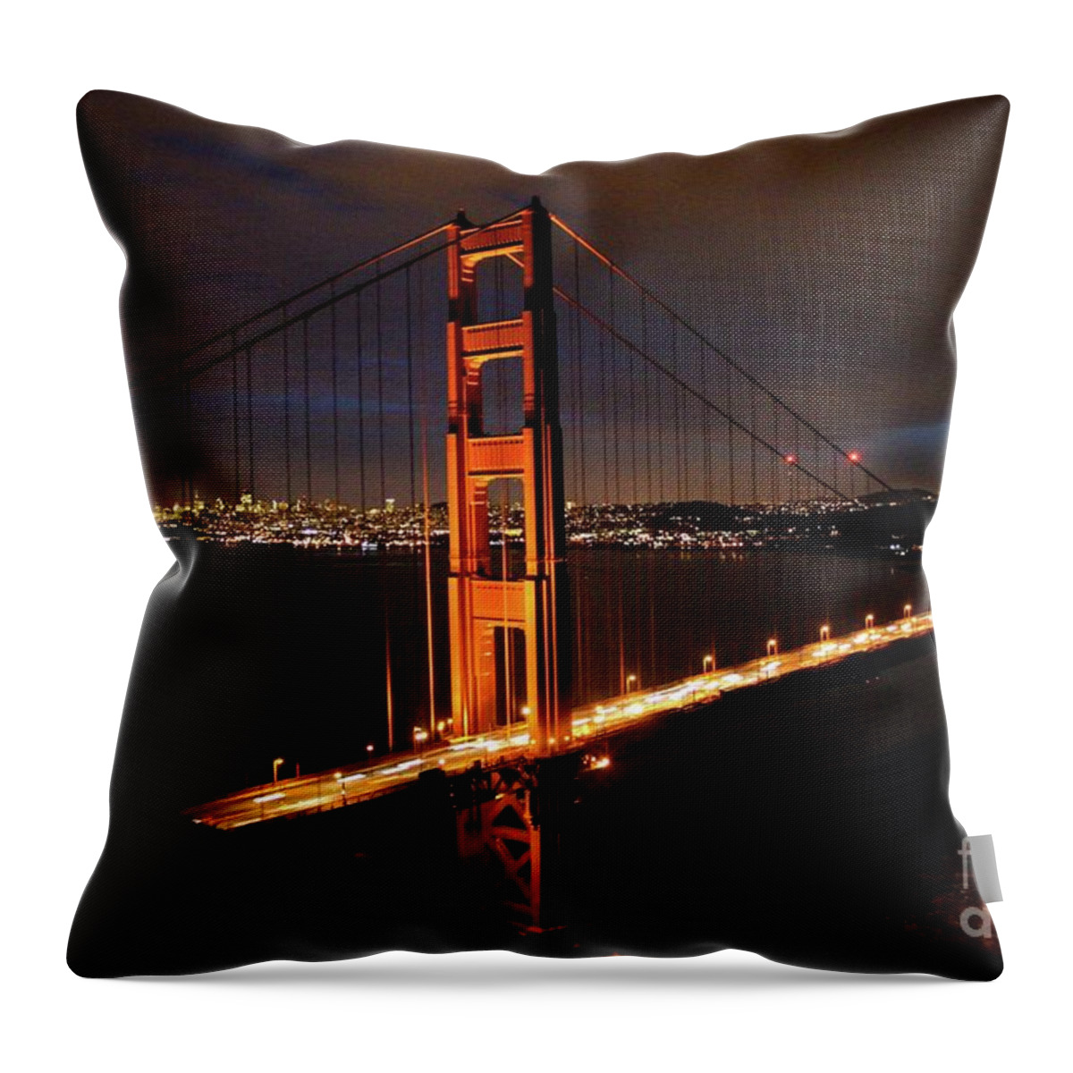 Dawn Throw Pillow featuring the photograph Golden Gate at night by Ed Stokes