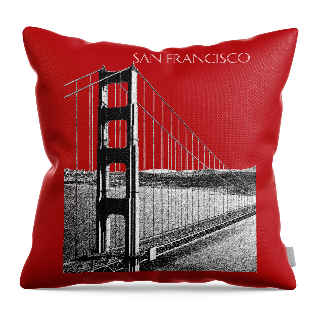 Architecture Throw Pillow featuring the digital art Golden gate Bridge - Dk Red by DB Artist