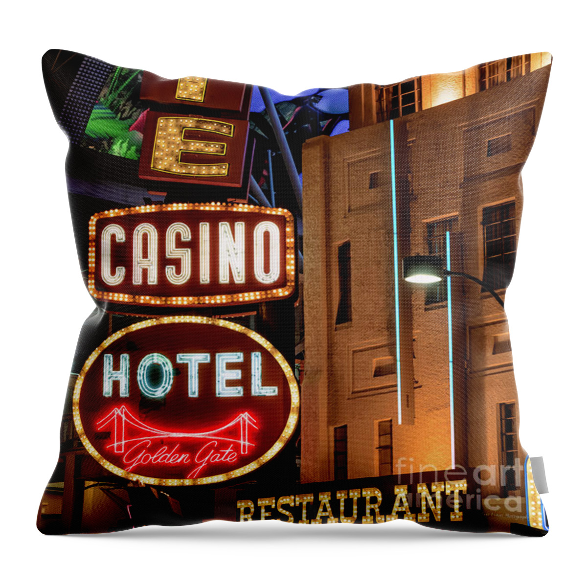 Golden Gate Casino Throw Pillow featuring the photograph Golden Gate Casino Neon Signs and Fremont Experience at Night by Aloha Art