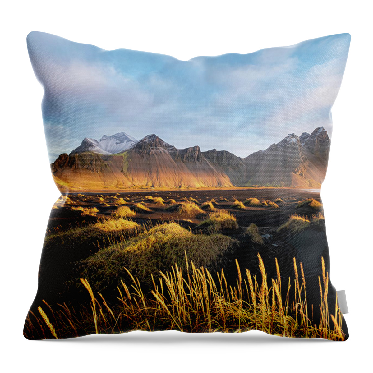 Vestrahorn Throw Pillow featuring the photograph Golden Sunrise at Vestrahorn by Alexios Ntounas