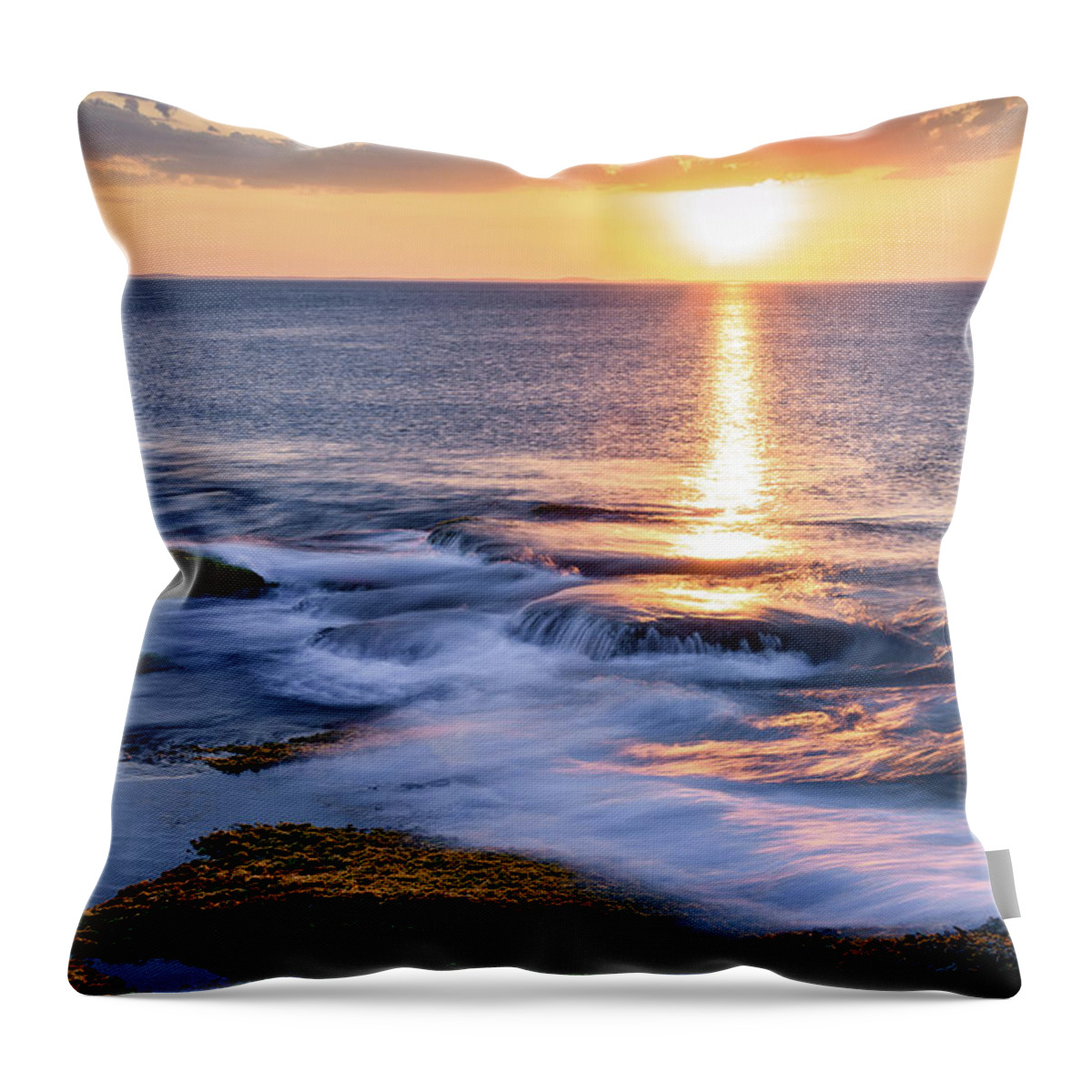 Golden Sunset Throw Pillow featuring the photograph Golden Sunset, Halibut Pt. Rockport MA. by Michael Hubley