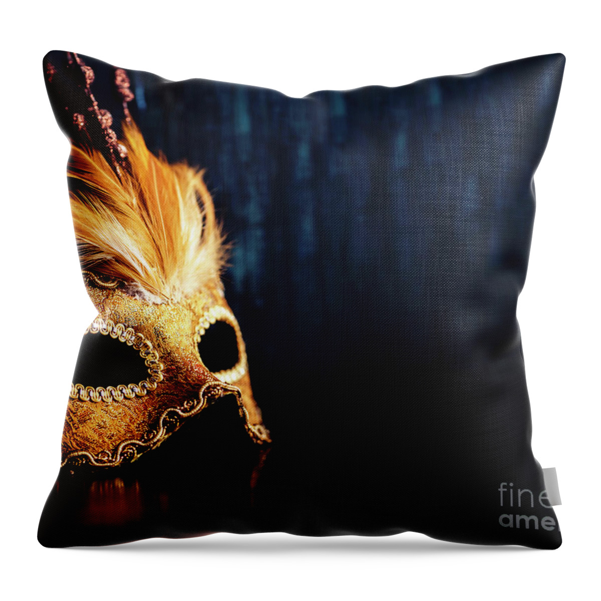 Mask Throw Pillow featuring the photograph Golden Venetian mask on dark blue background by Jelena Jovanovic