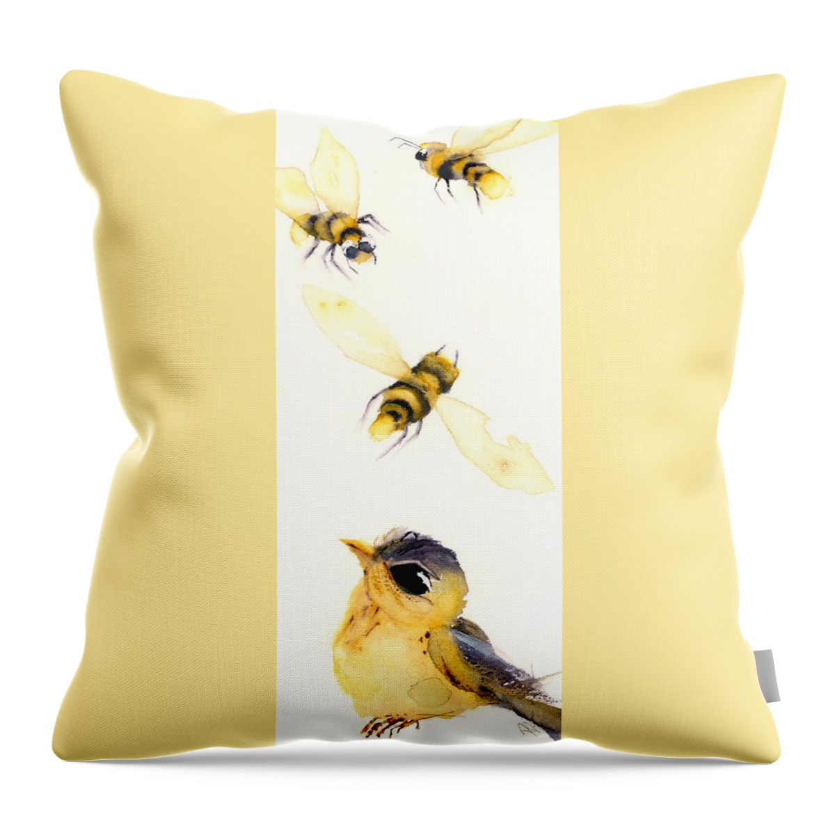 Watercolor Painting Throw Pillow featuring the painting Goldfinch and Bees by Dawn Derman