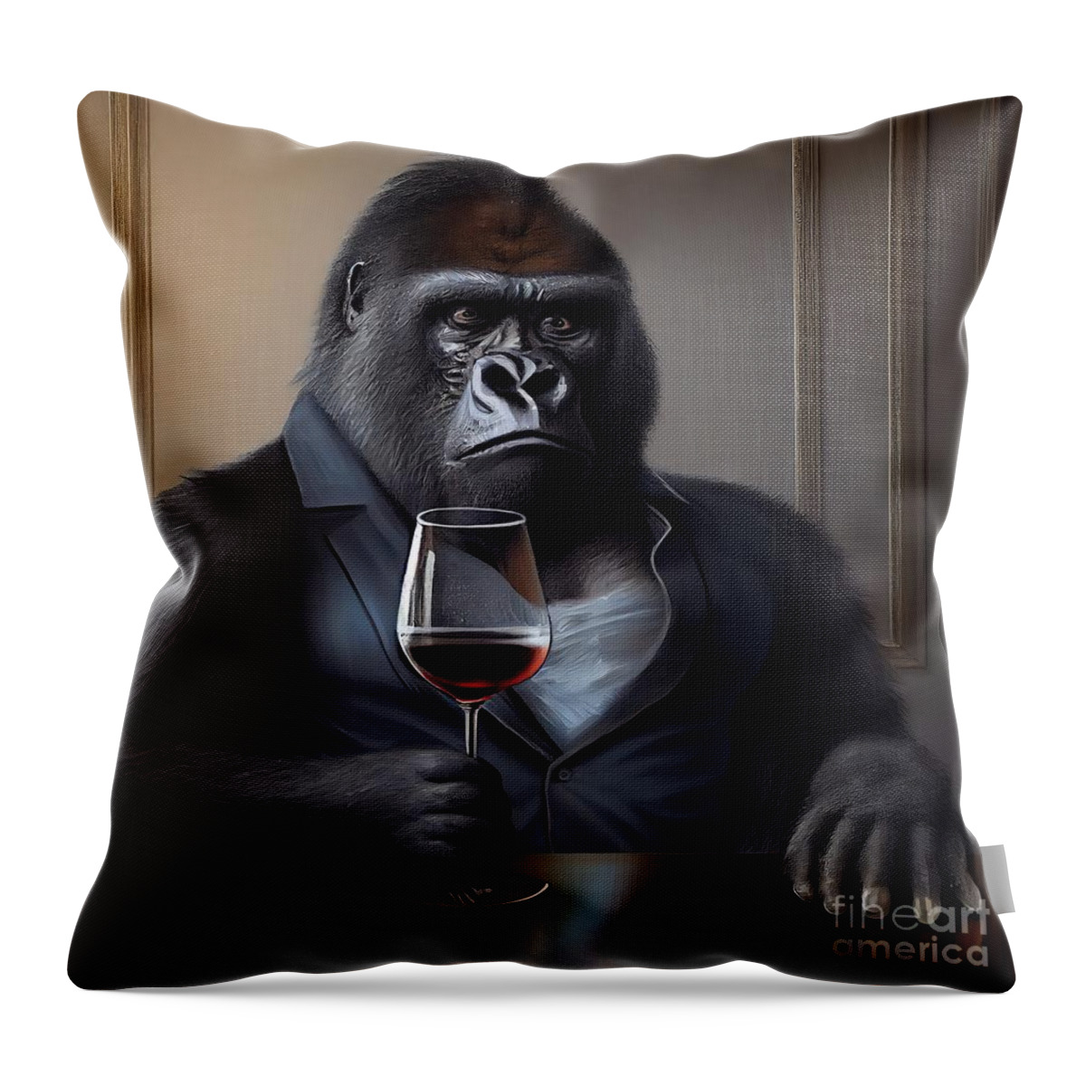 Macaque Throw Pillow featuring the painting Gorilla Having Drink by N Akkash
