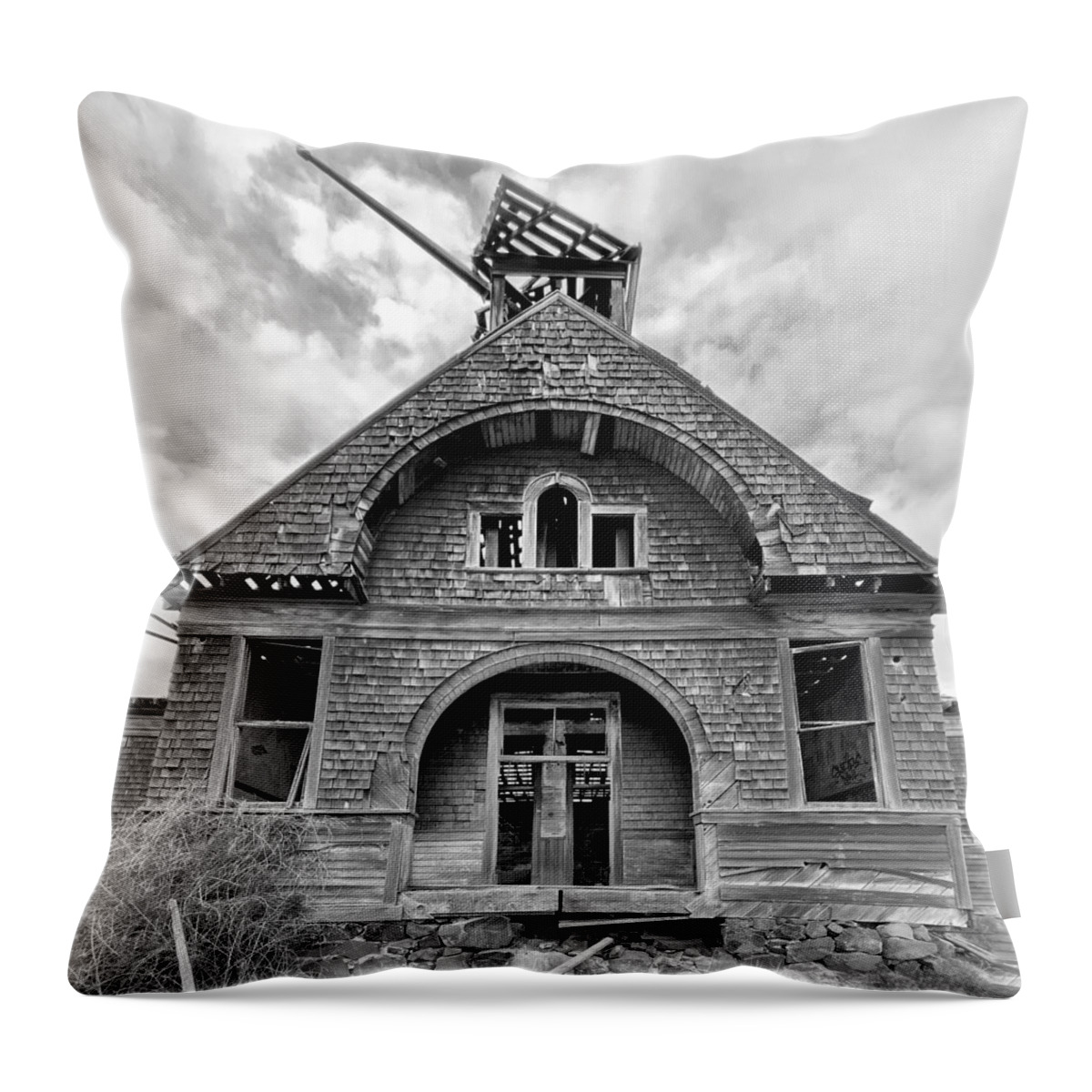 Abandoned Throw Pillow featuring the photograph Govan Schoolhouse bw by Jerry Abbott