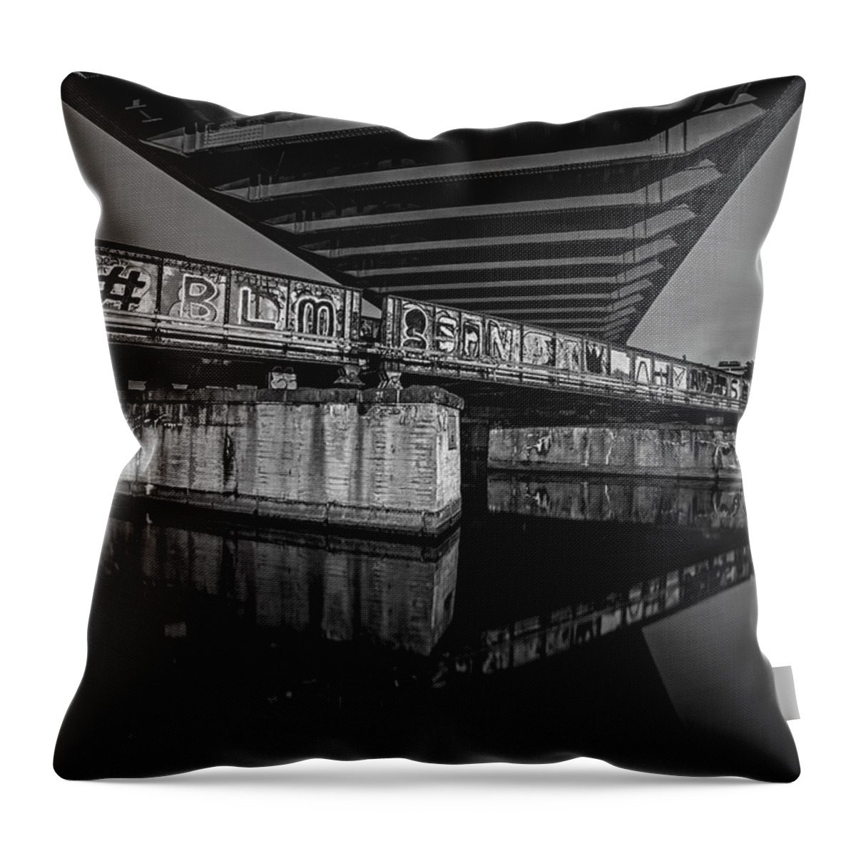 Boston Throw Pillow featuring the photograph Graffiti Under the BU Bridge Boston MA Charles River Reflection Black and White by Toby McGuire