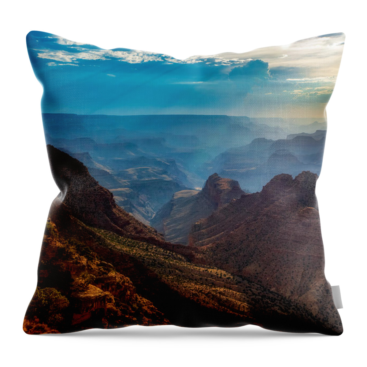 Grand Canyon Foggy Fog Arizona Geology Fstop101 Landscape Blue Hue Mist Misty Throw Pillow featuring the photograph Grand Canyon Foggy Evening by Geno Lee