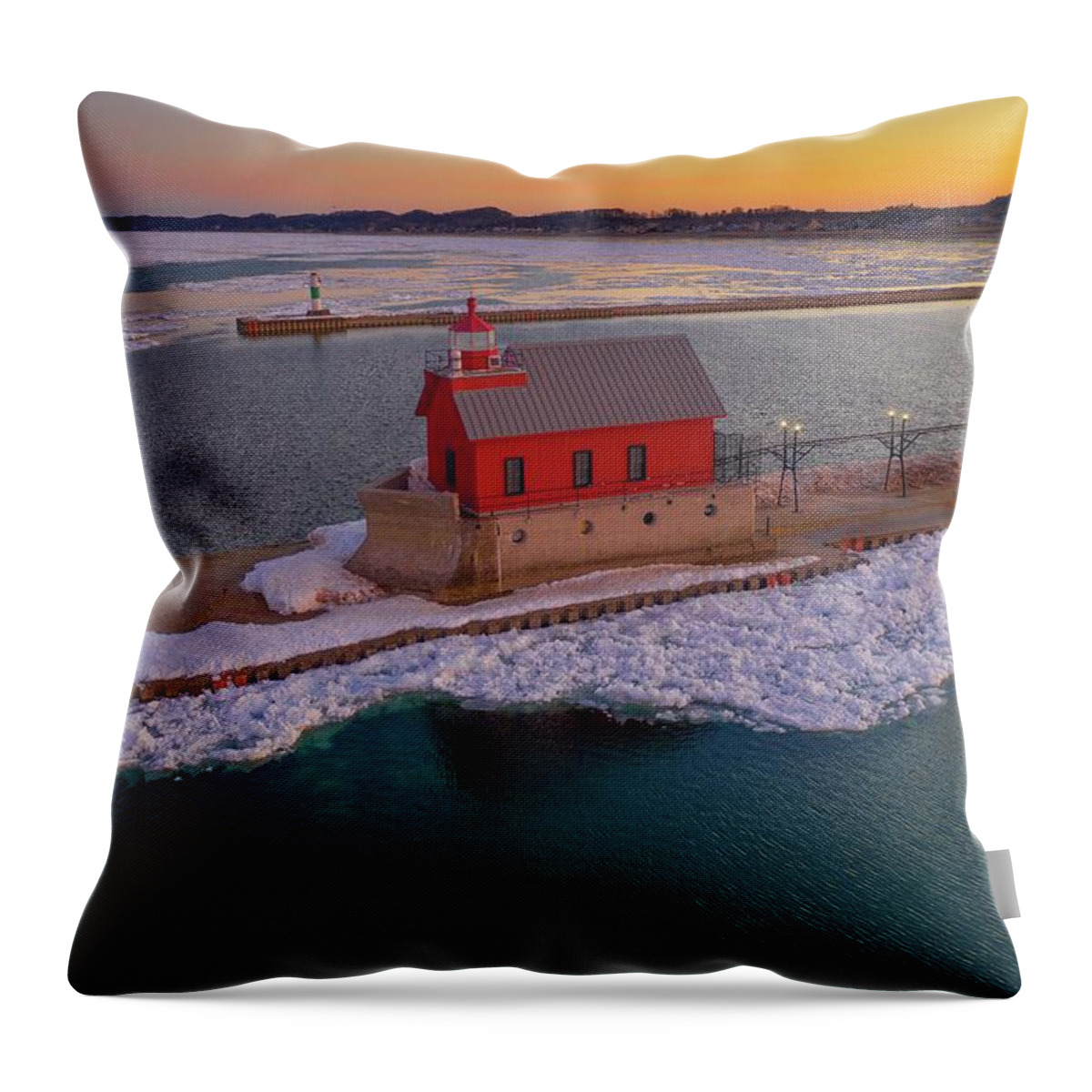 Northernmichigan Throw Pillow featuring the photograph Grand Haven Light House DJI_0470 HRes by Michael Thomas