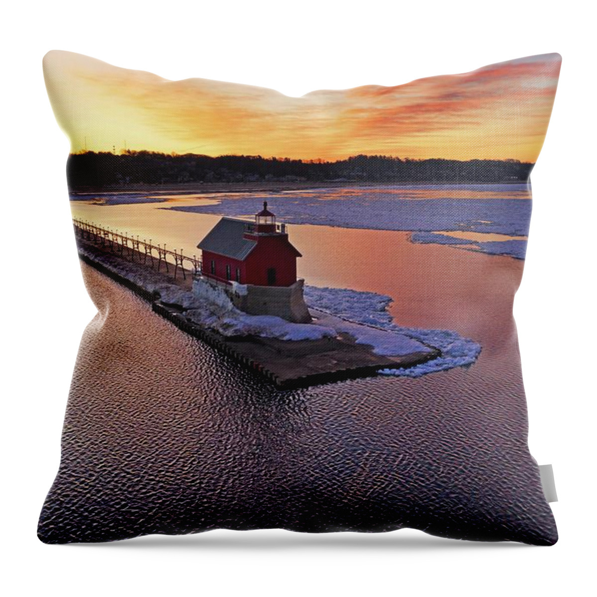 Northernmichigan Throw Pillow featuring the photograph Grand Haven Light House DJI_0482 HRes by Michael Thomas