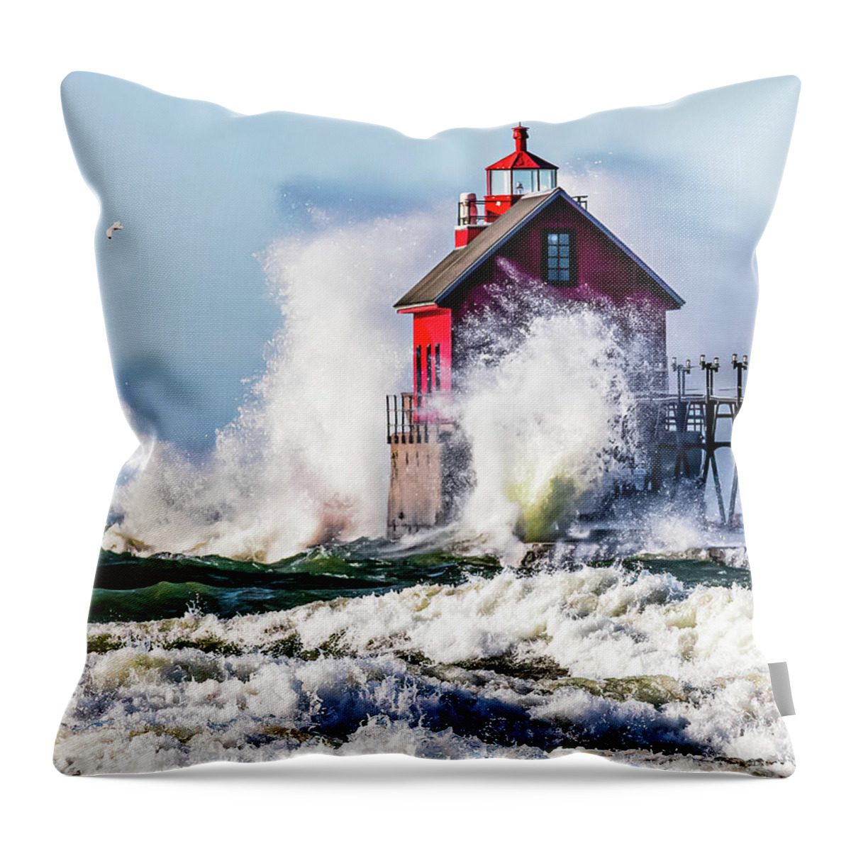 Lake Michigan Throw Pillow featuring the photograph Grand Haven Splash by Joe Holley