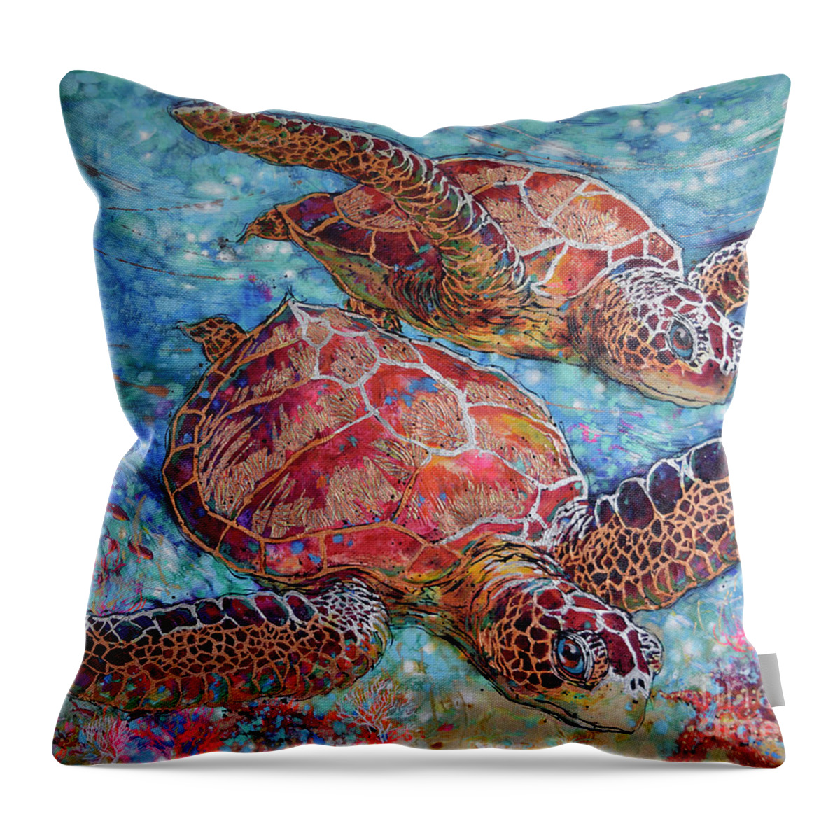 Green Sea Turtles Throw Pillow featuring the painting Grand Sea Turtles by Jyotika Shroff