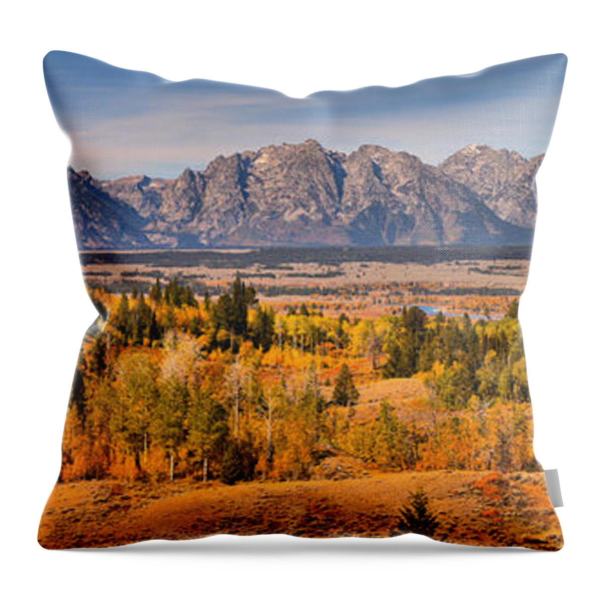 Teton Throw Pillow featuring the photograph Grand Teton Autumn Overlook Panorama by Adam Jewell