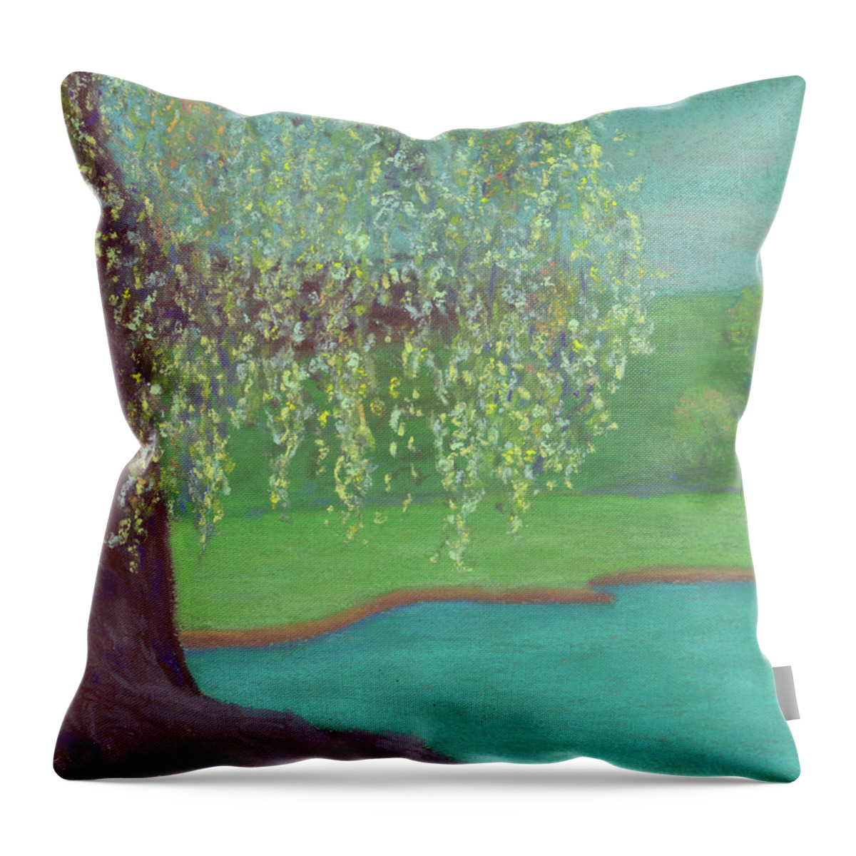 Willow Tree Throw Pillow featuring the pastel Grandmother Willow by Anne Katzeff