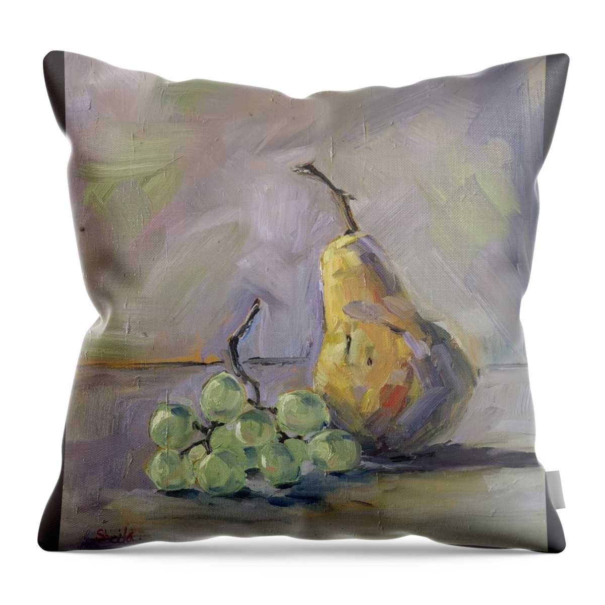 Still Life Throw Pillow featuring the painting Grapes with Pear by Sheila Romard