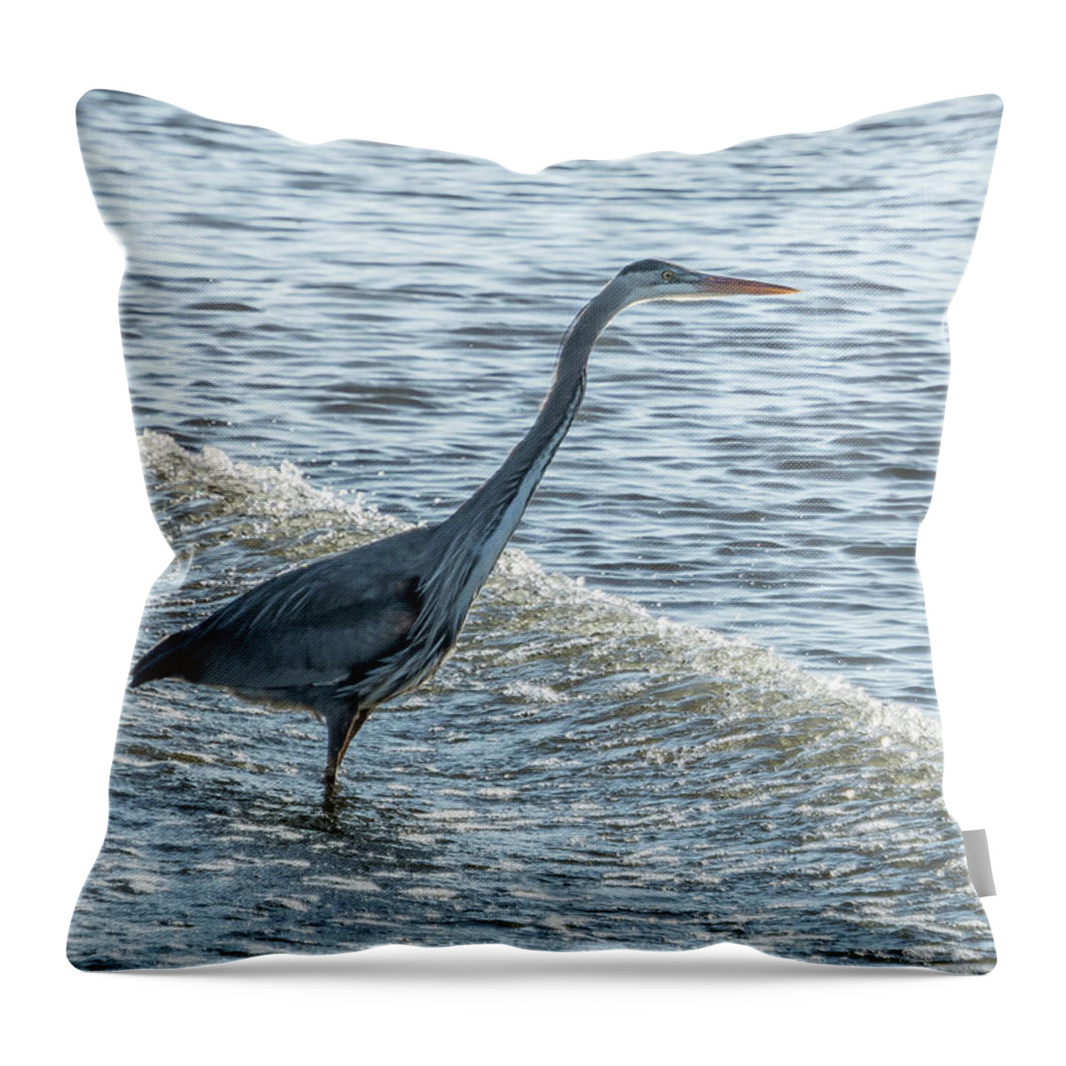 Great Blue Heron Throw Pillow featuring the photograph Great Blue Heron and Wave by Belinda Greb