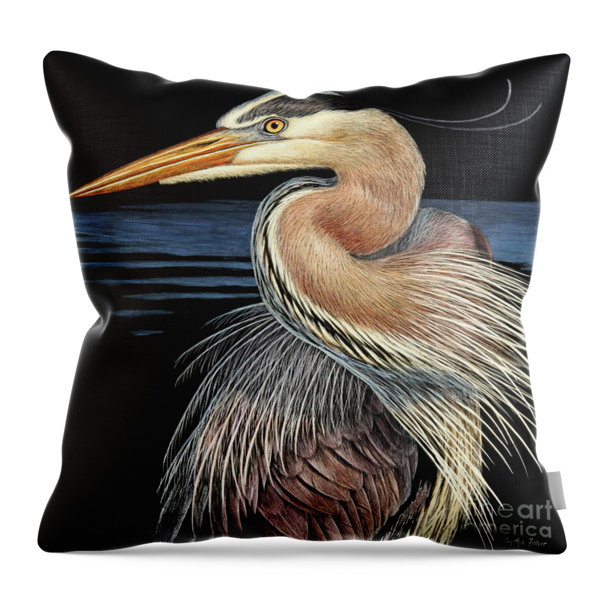 Cynthie Fisher Throw Pillow featuring the drawing Great Blue Heron by Cynthie Fisher