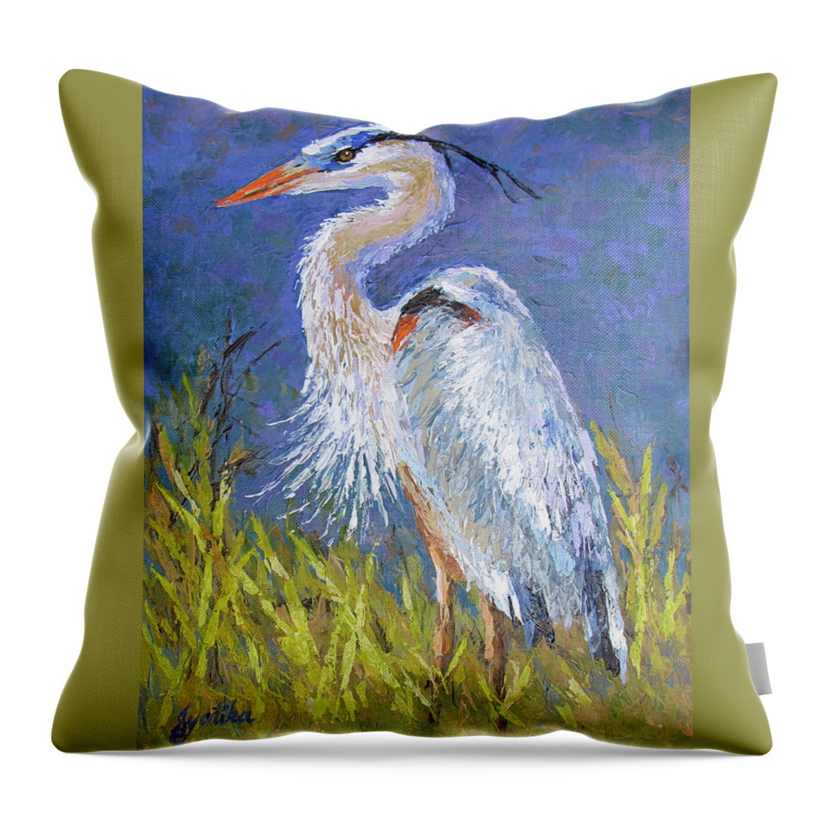 Bird Throw Pillow featuring the painting Great Blue Heron by Jyotika Shroff