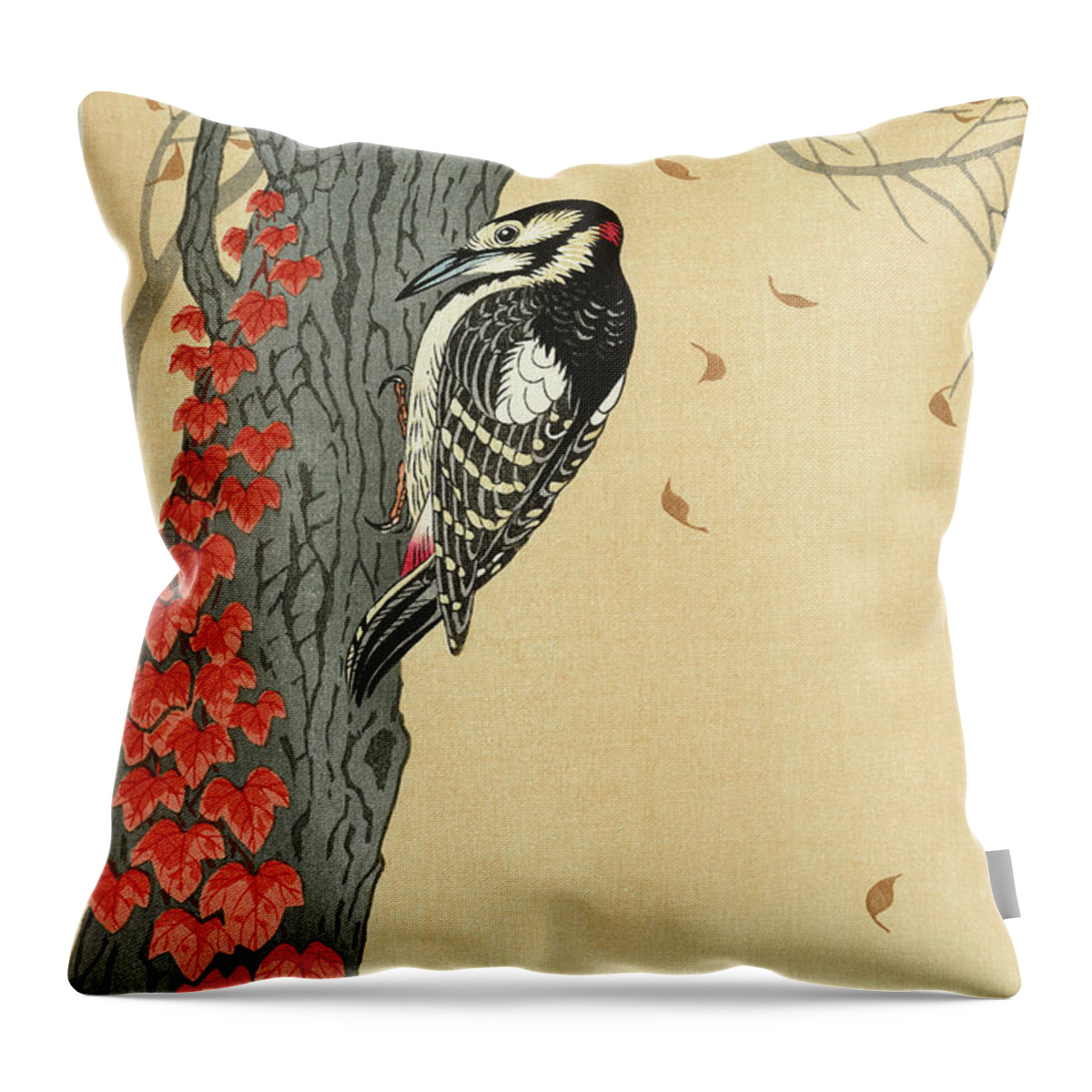 Bird Throw Pillow featuring the painting Great spotted woodpecker in tree with red ivy by Ohara Koson
