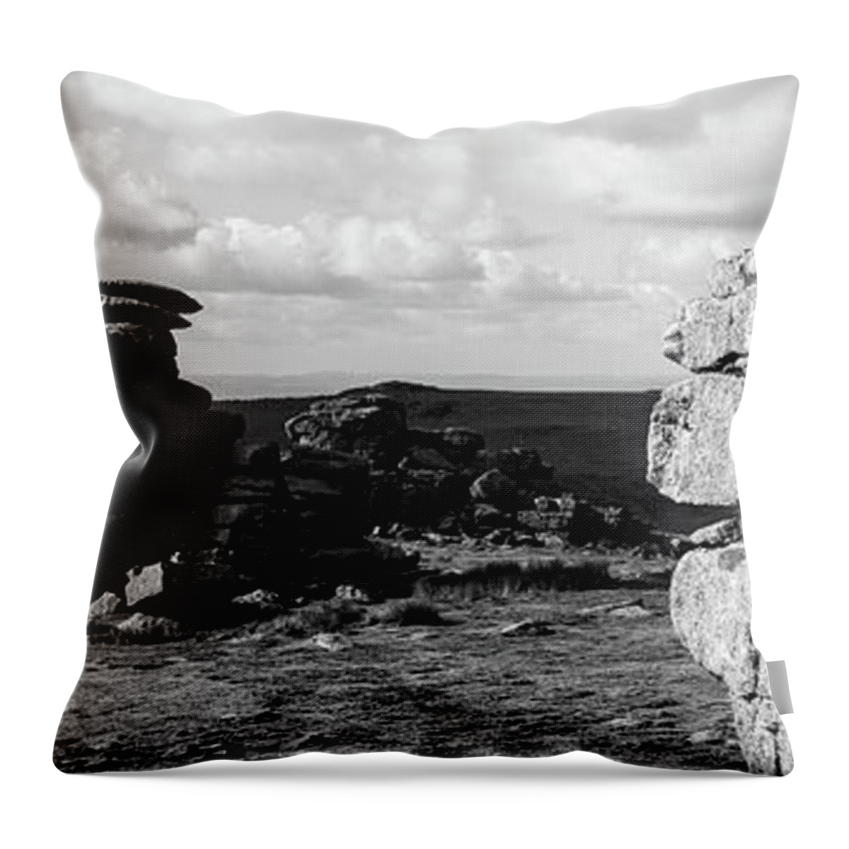 Devon Throw Pillow featuring the photograph Great Staple Tor Dartmoor National Park England Panorama Black And White by Sonny Ryse