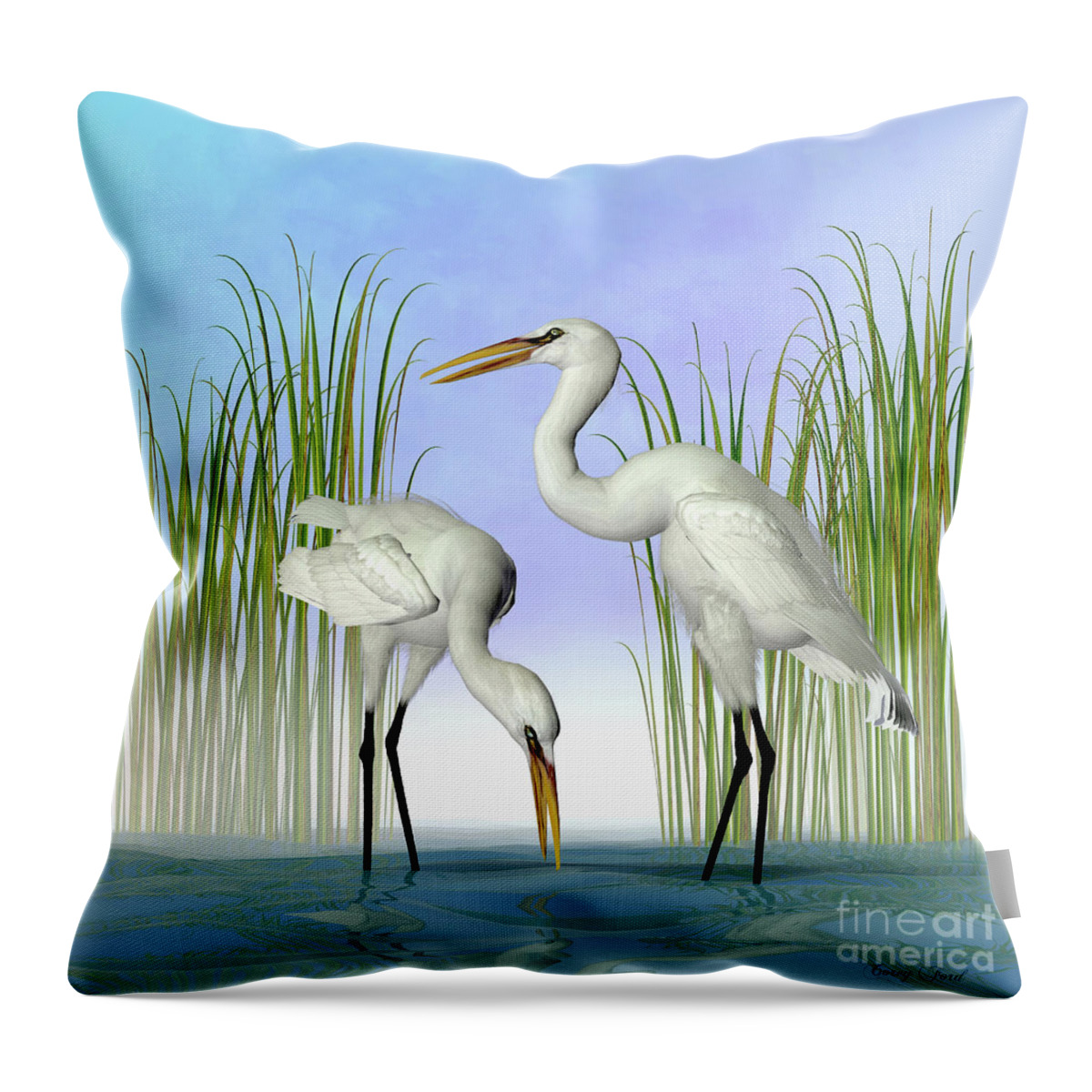 Great White Egret Throw Pillow featuring the digital art Great White Egrets by Corey Ford