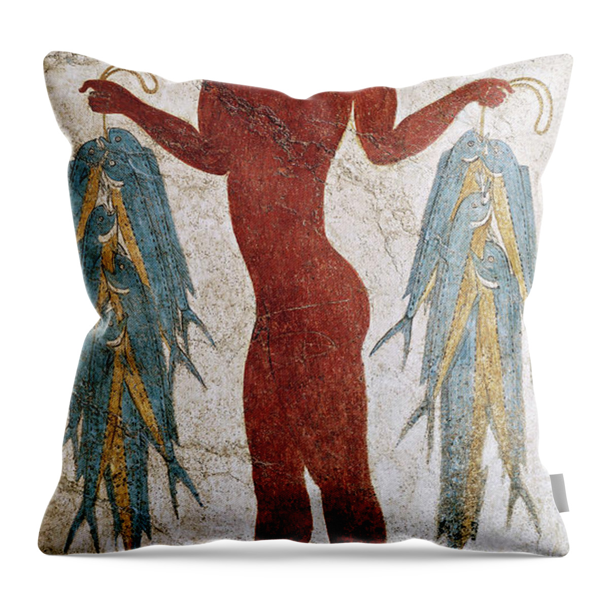 Fishing Throw Pillow featuring the painting Greek Civilization, Fresco Depicting Fisherman, From Akrotiri, Thera, Santorini, Greece by Minoan
