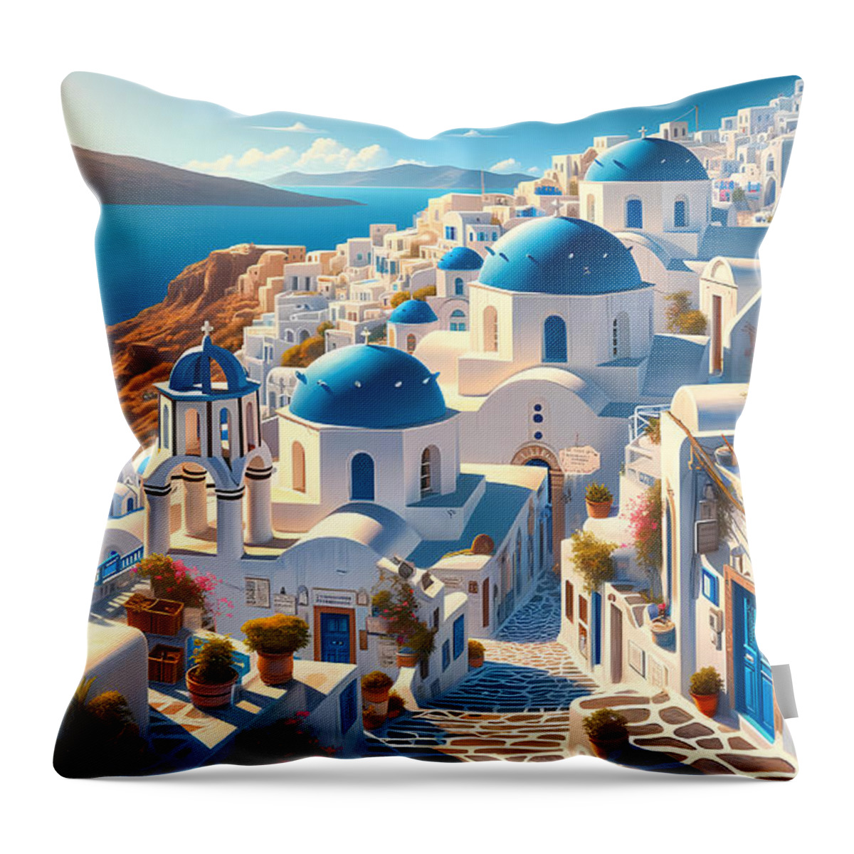 Greek Throw Pillow featuring the digital art Greek Island Village, Whitewashed buildings and blue domes in a beautiful Greek island village by Jeff Creation