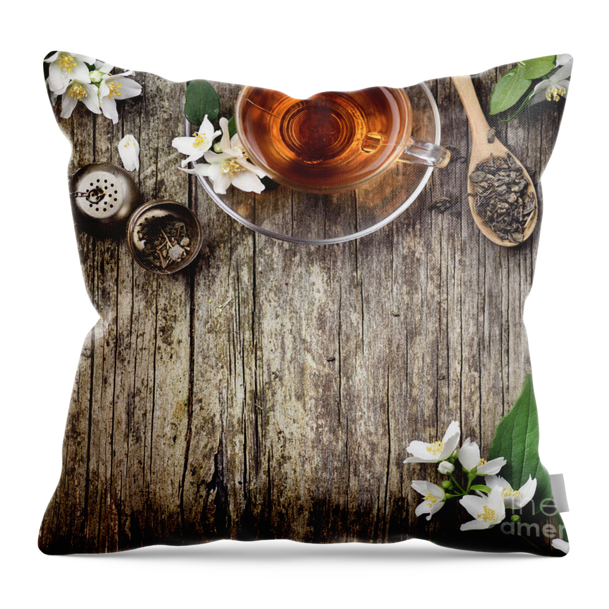 Tea Throw Pillow featuring the photograph Green and jasmine tea from above by Jelena Jovanovic