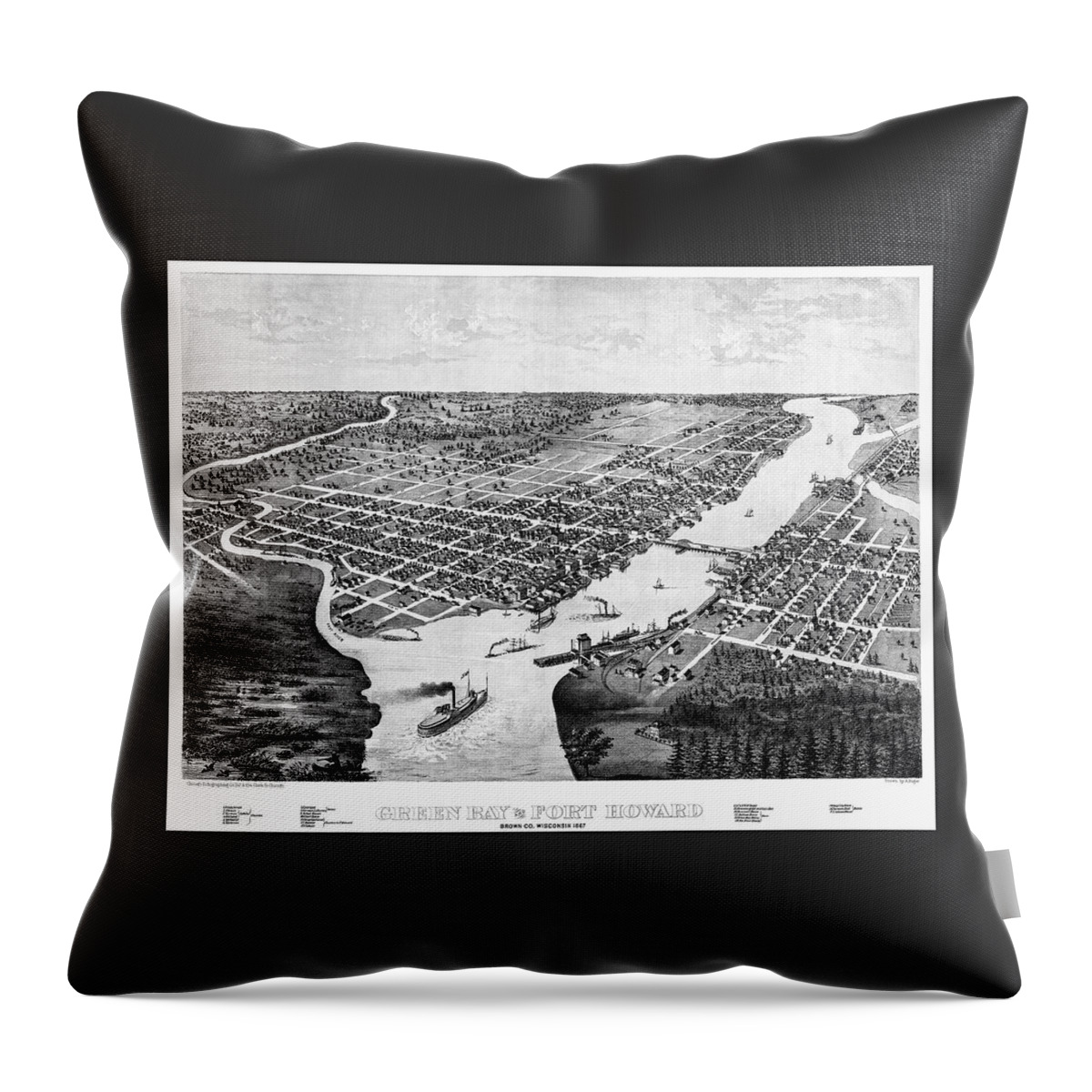 Green Bay Throw Pillow featuring the photograph Green Bay and Fort Howard Wisconsin Vintage Map Birds Eye View 1867 Black and White by Carol Japp