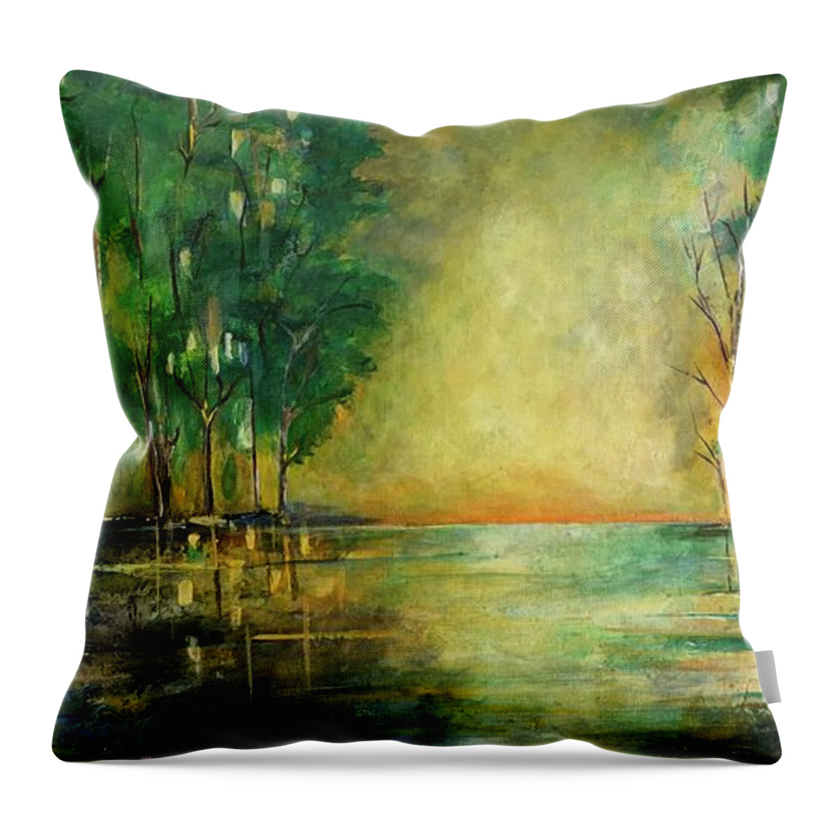 Original Acrylic Painting Throw Pillow featuring the painting Green Bayou by Maria Karlosak