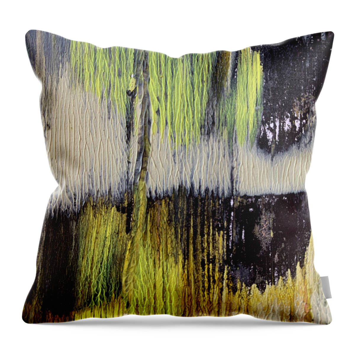 Abstract Throw Pillow featuring the painting Green Black Yellow Gold White Abstract by Lorena Cassady