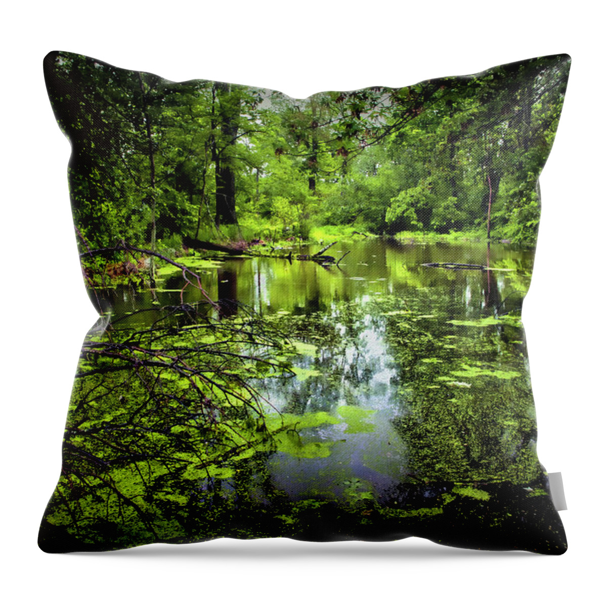 Green Pond Throw Pillow featuring the photograph Green Blossoms On Pond by Jerry Cowart