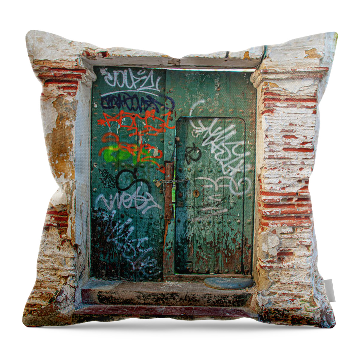 Green Throw Pillow featuring the photograph Green Graffiti Door by Denise Strahm