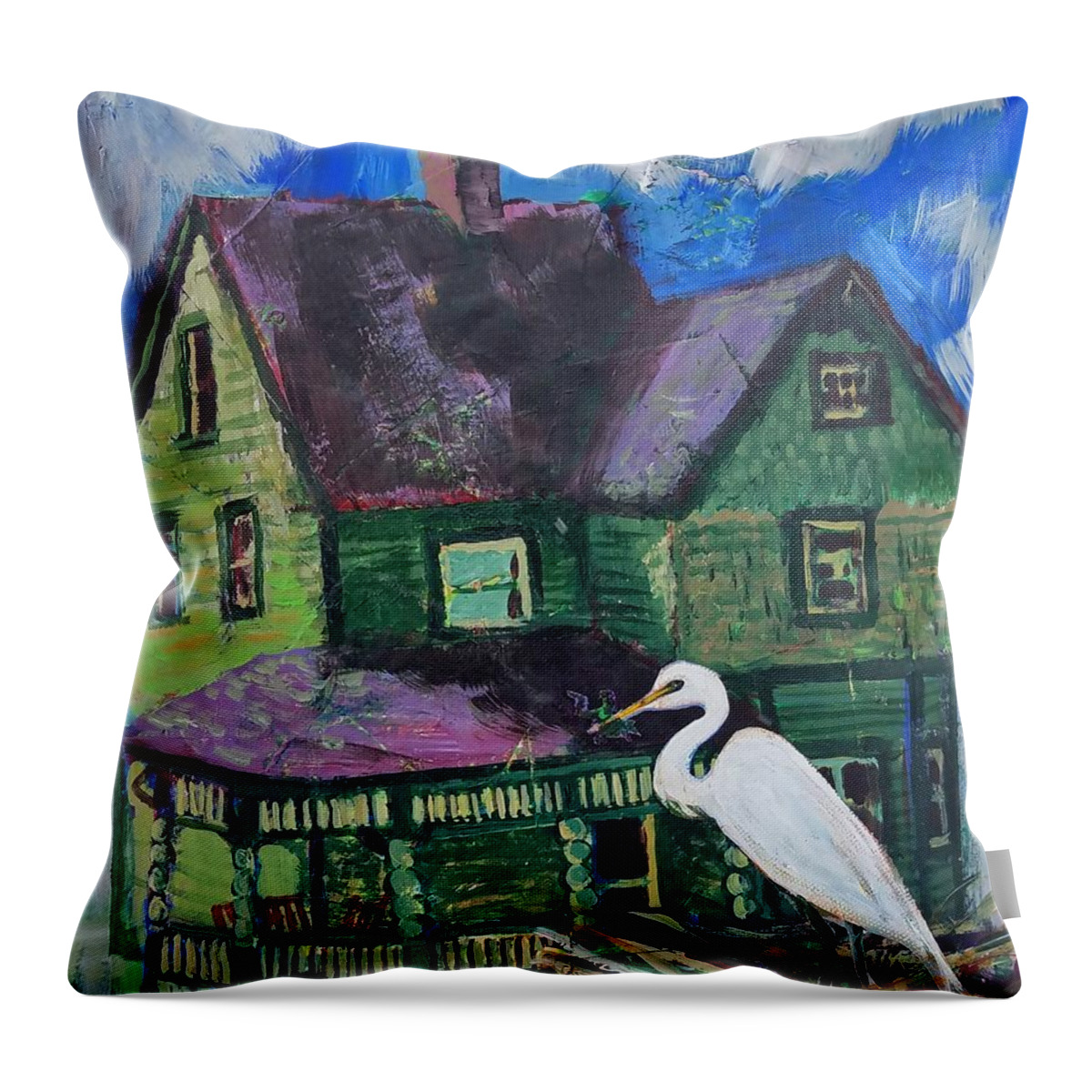Bird Throw Pillow featuring the painting Green House Crane by Tilly Strauss