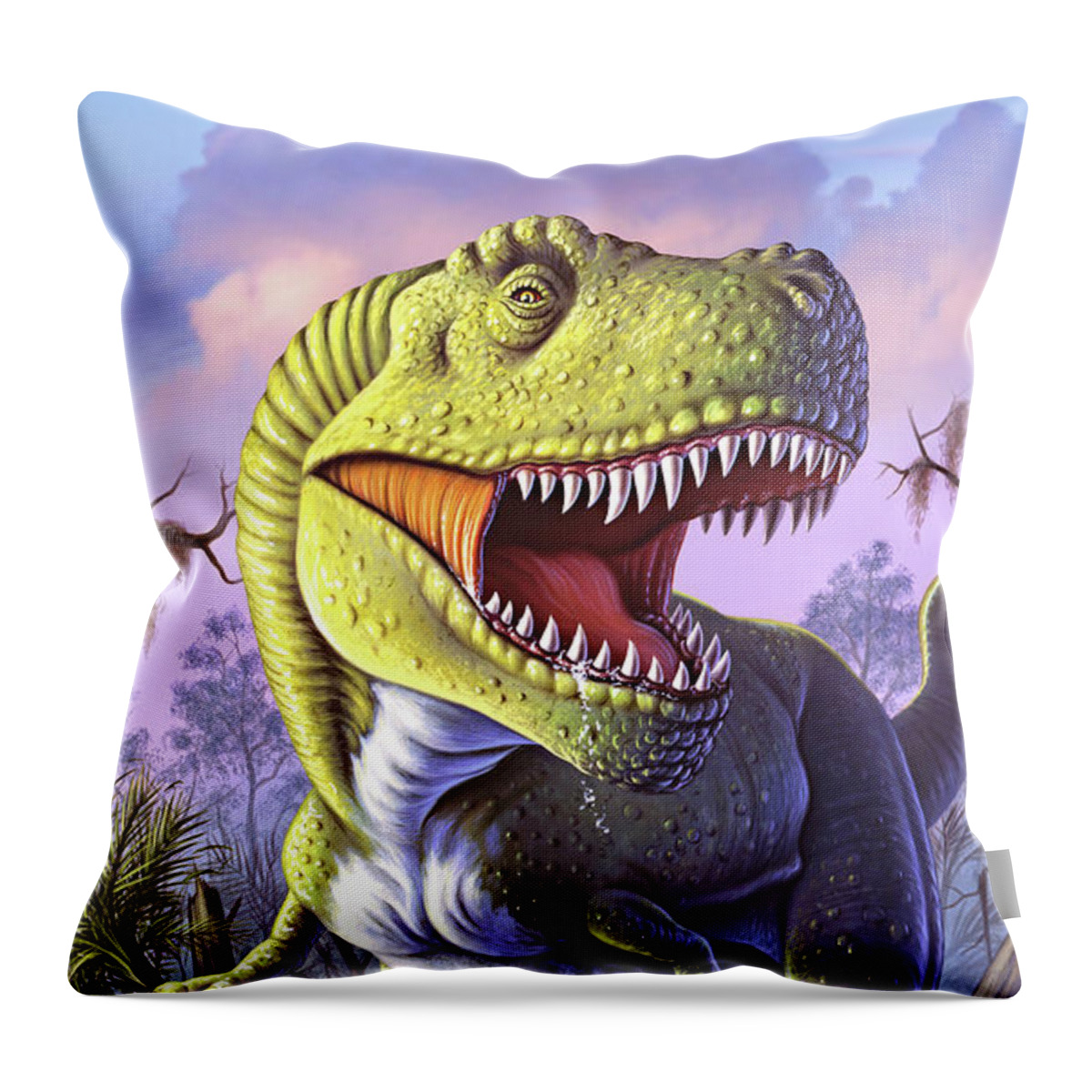 Dinosaur Throw Pillow featuring the mixed media Green Rex by Jerry LoFaro