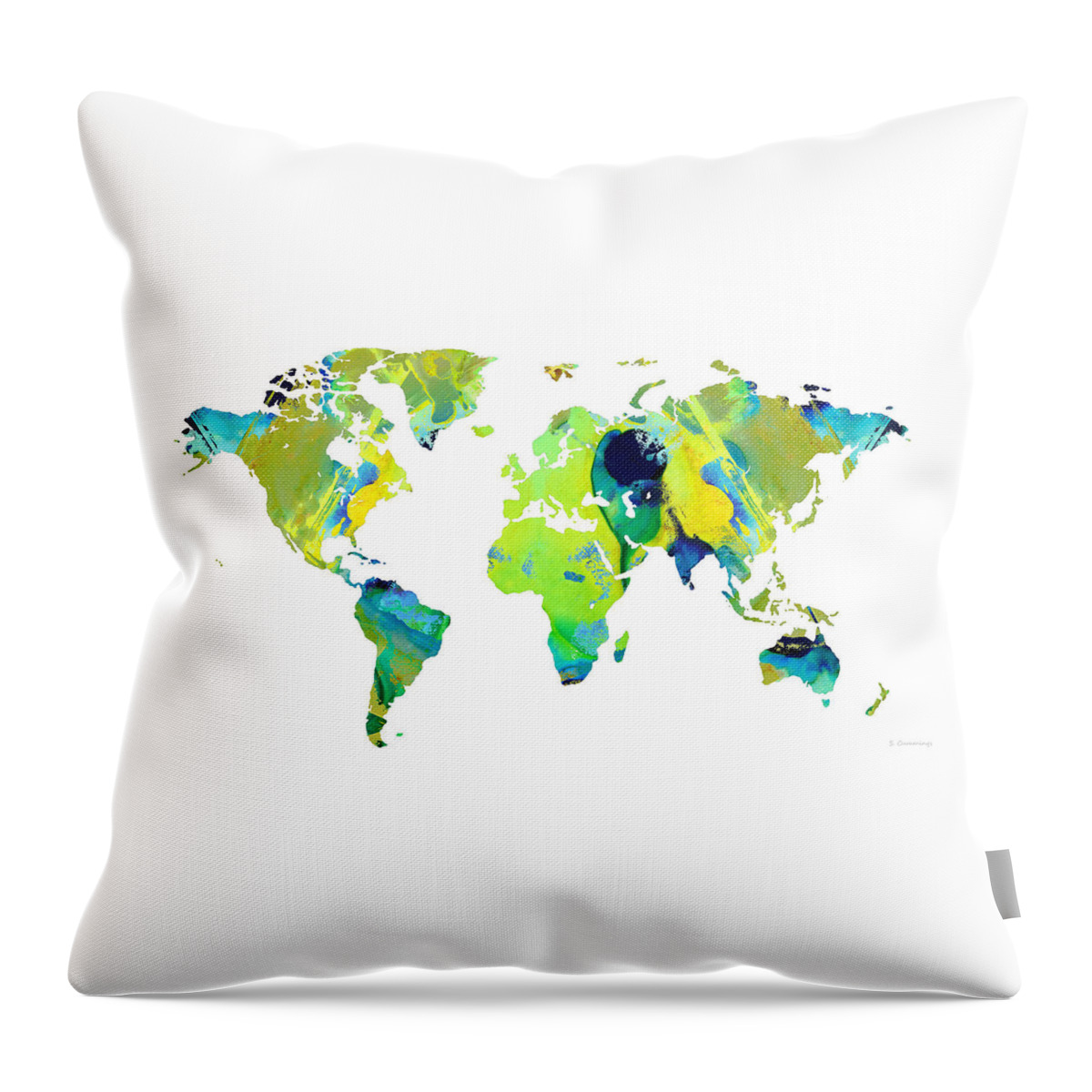 World Map Throw Pillow featuring the painting Green World Map 29 - Sharon Cummings by Sharon Cummings