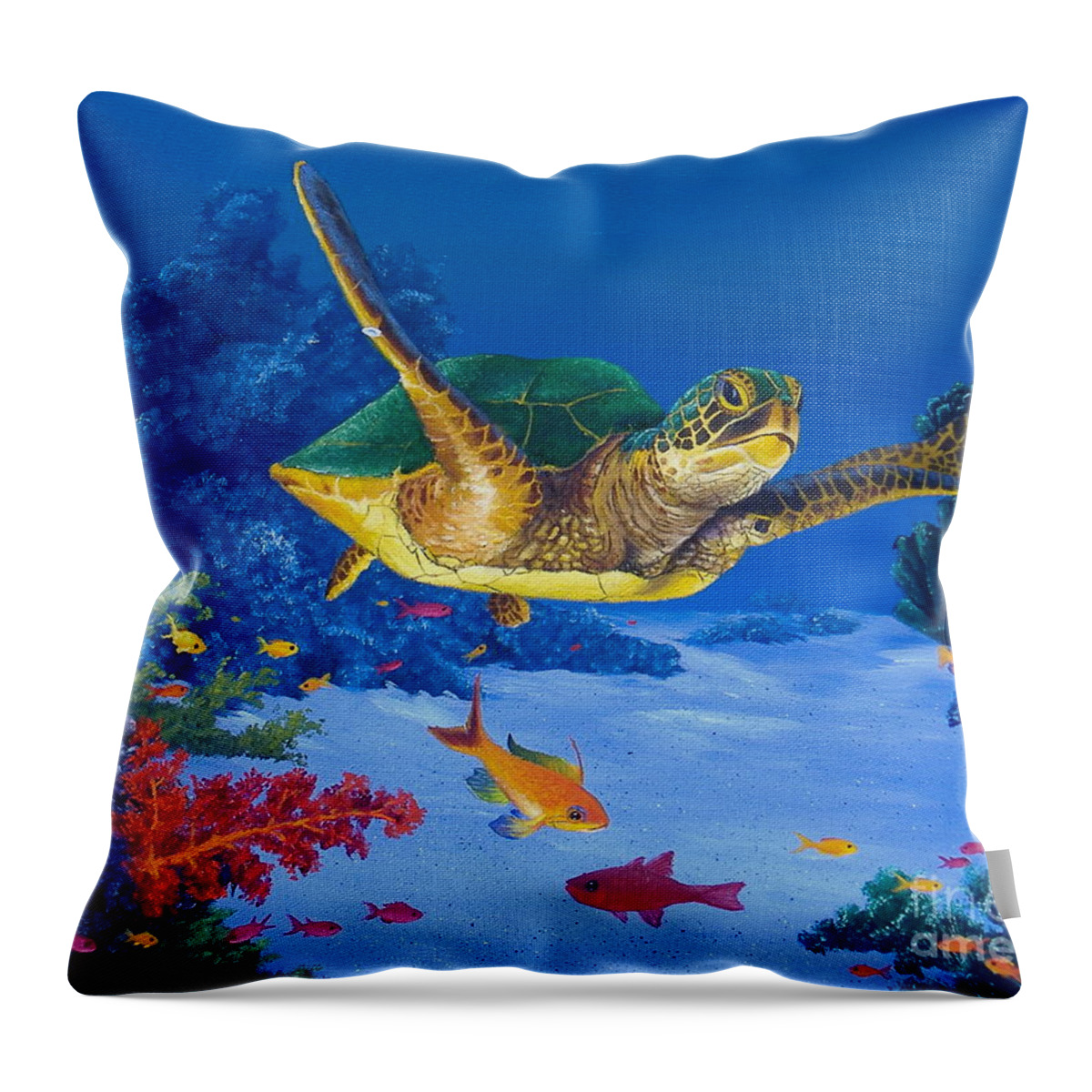 Sea Turtle Images Throw Pillow featuring the painting Greenback Cruising by Michael Allen