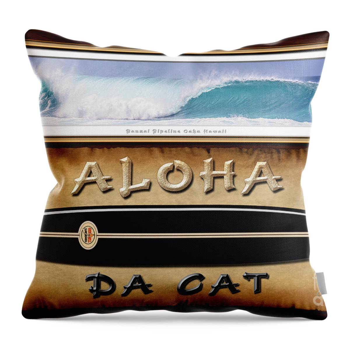 Historic Surfboards Throw Pillow featuring the photograph Greg Noll - A tribute to Big Wave Surfing Pioneers famous Da Cat Design by Aloha Art