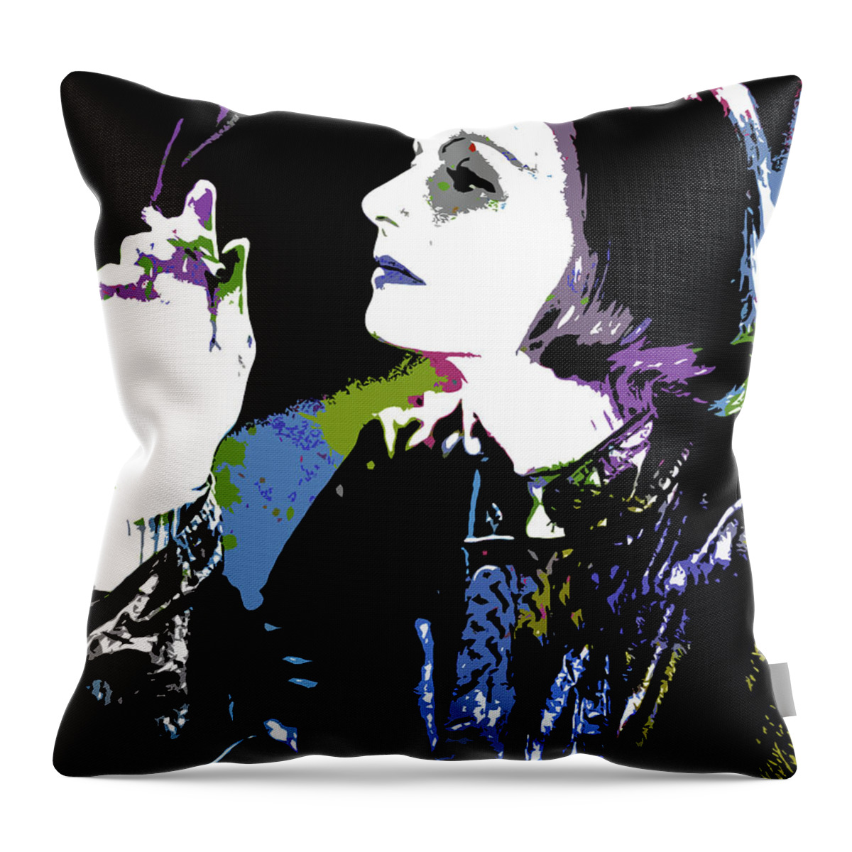 Greta Garbo Throw Pillow featuring the digital art Greta Garbo - 4 psychedelic portrait by Movie World Posters