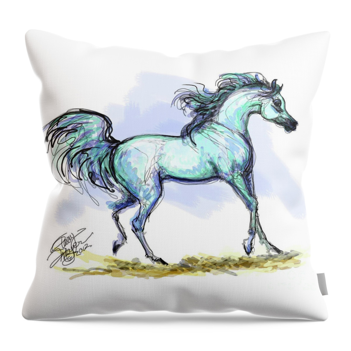 Equestrian Art Throw Pillow featuring the digital art Grey Arabian Stallion Watercolor by Stacey Mayer by Stacey Mayer