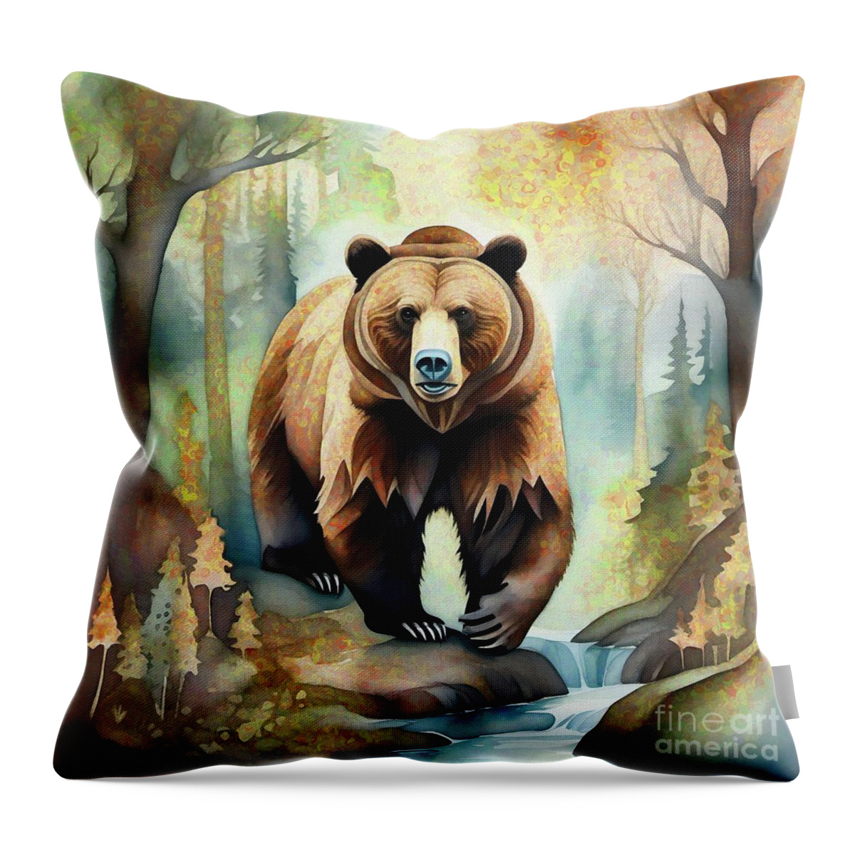 Abstract Throw Pillow featuring the digital art Grizzly Bear In The Forest - 02153 by Philip Preston