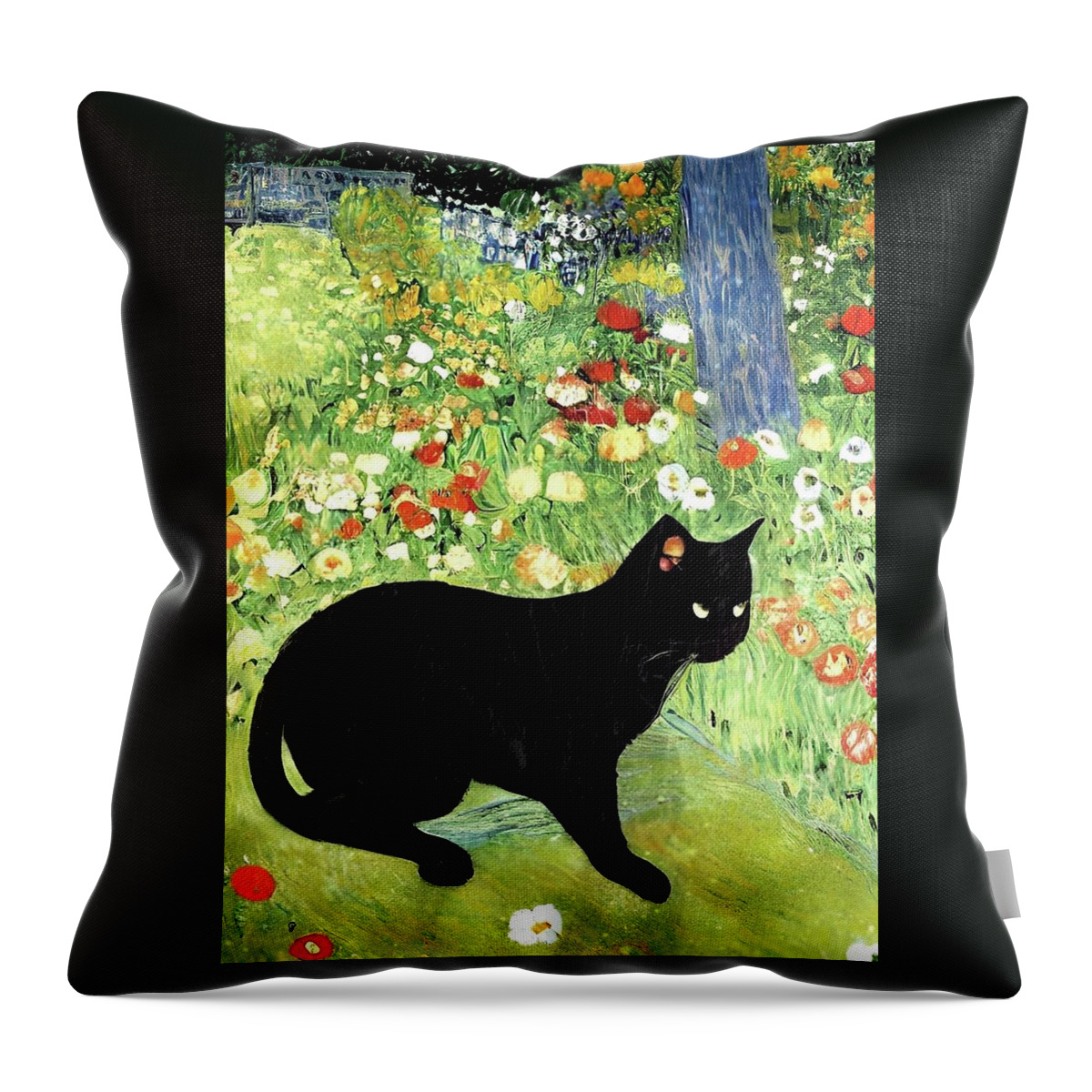 Black Cat Throw Pillow featuring the digital art Guarding the Garden by Ally White